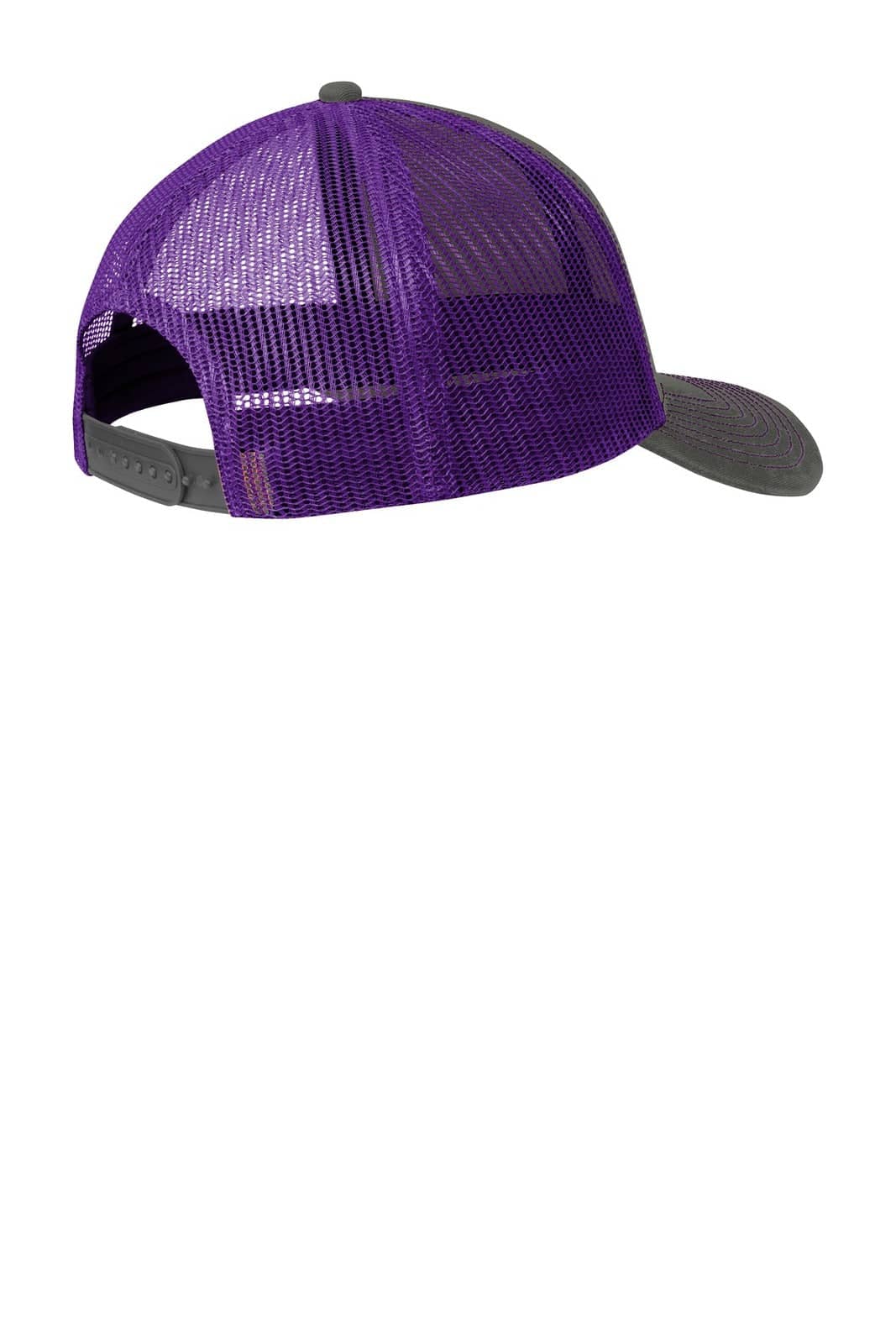 A purple snapback trucker cap with a grey visor and a mesh back for breathability. Features a logo.