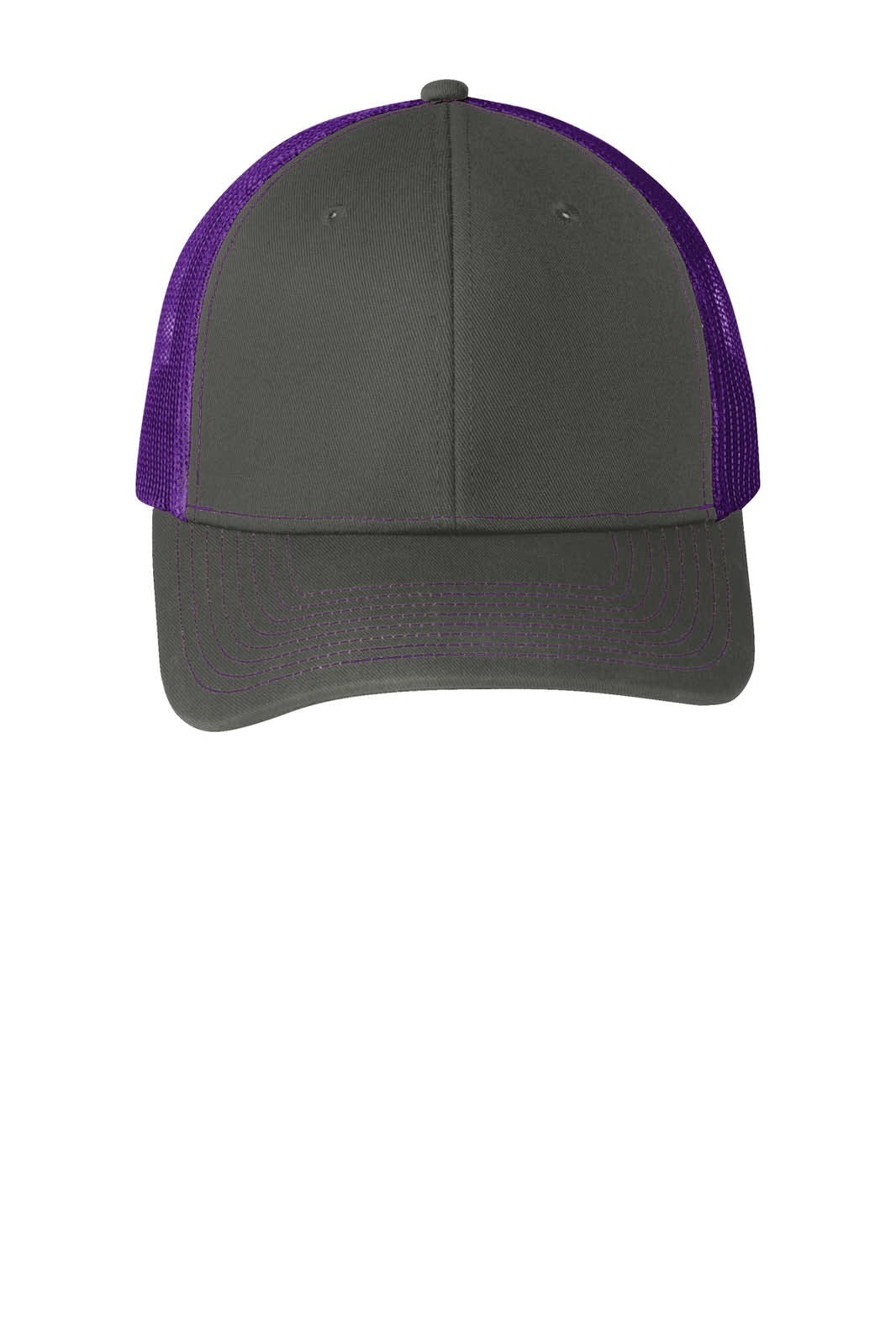 A grey snapback trucker cap featuring a purple mesh back and a logo on the front.