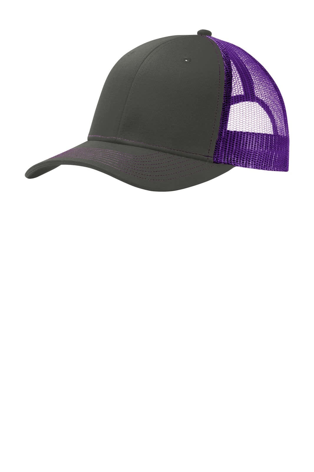 A snapback trucker cap featuring a dark grey front and purple mesh panels at the back. It has a logo on the front.