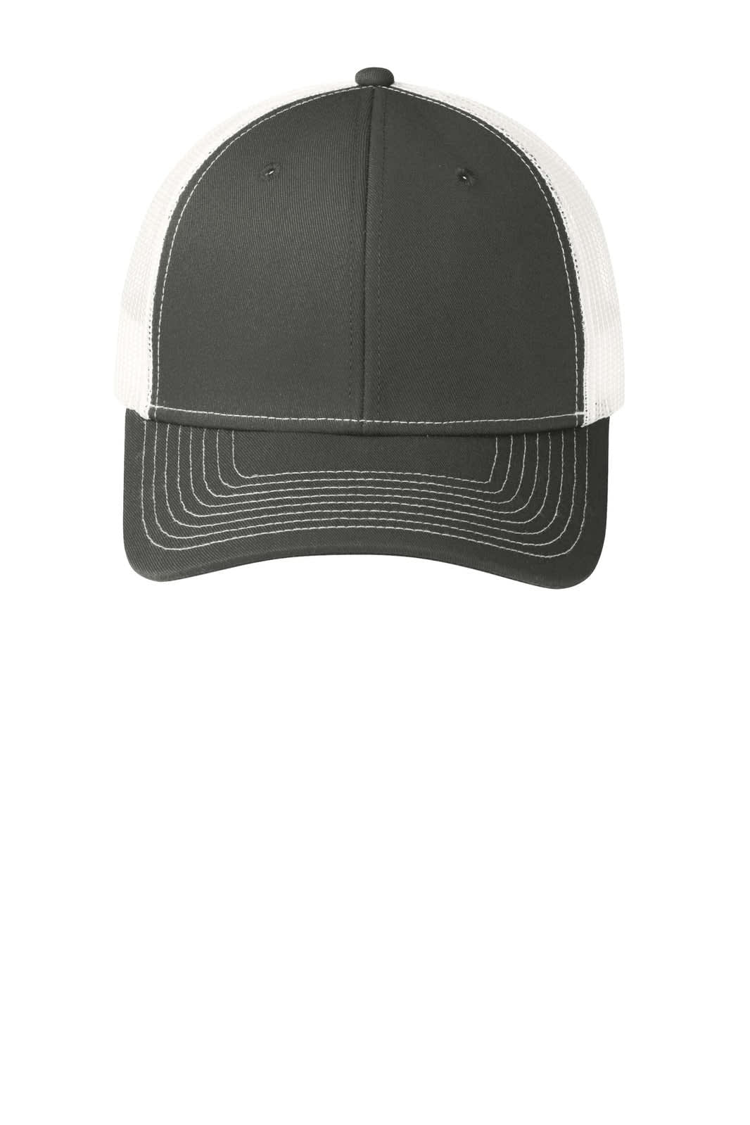 A grey and white snapback trucker cap featuring a structured front and mesh back, complete with a logo.