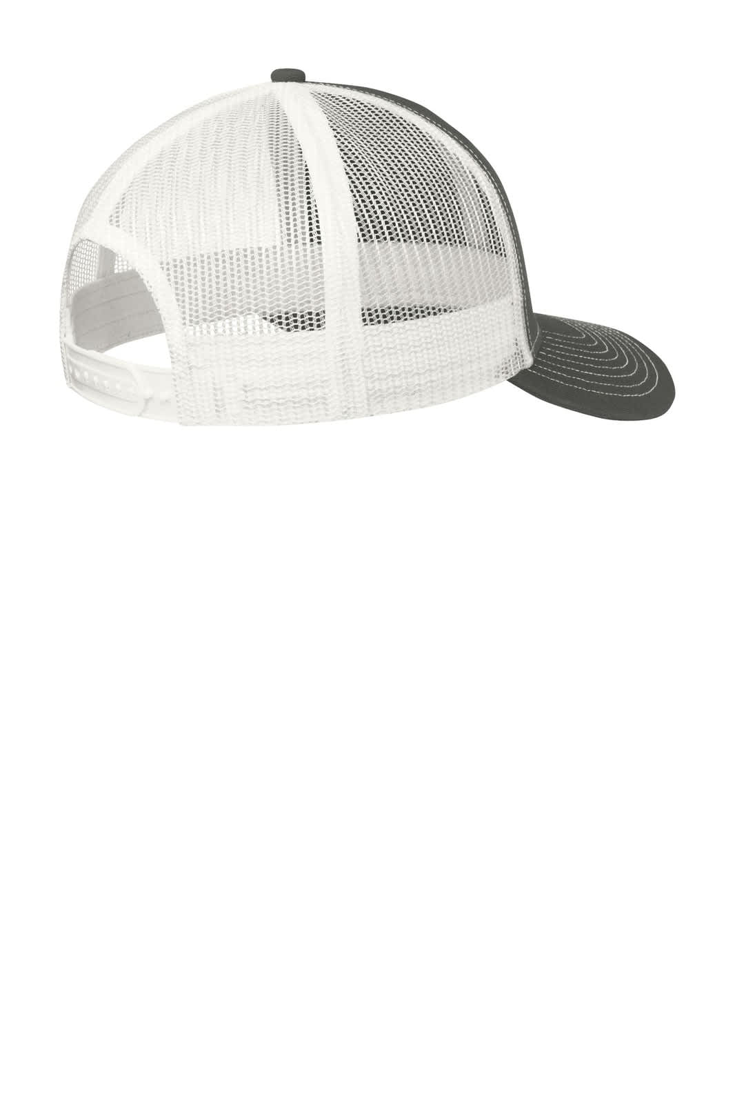 A grey and white Port Authority Snapback Trucker Cap with a mesh back and a curved brim, featuring a logo.