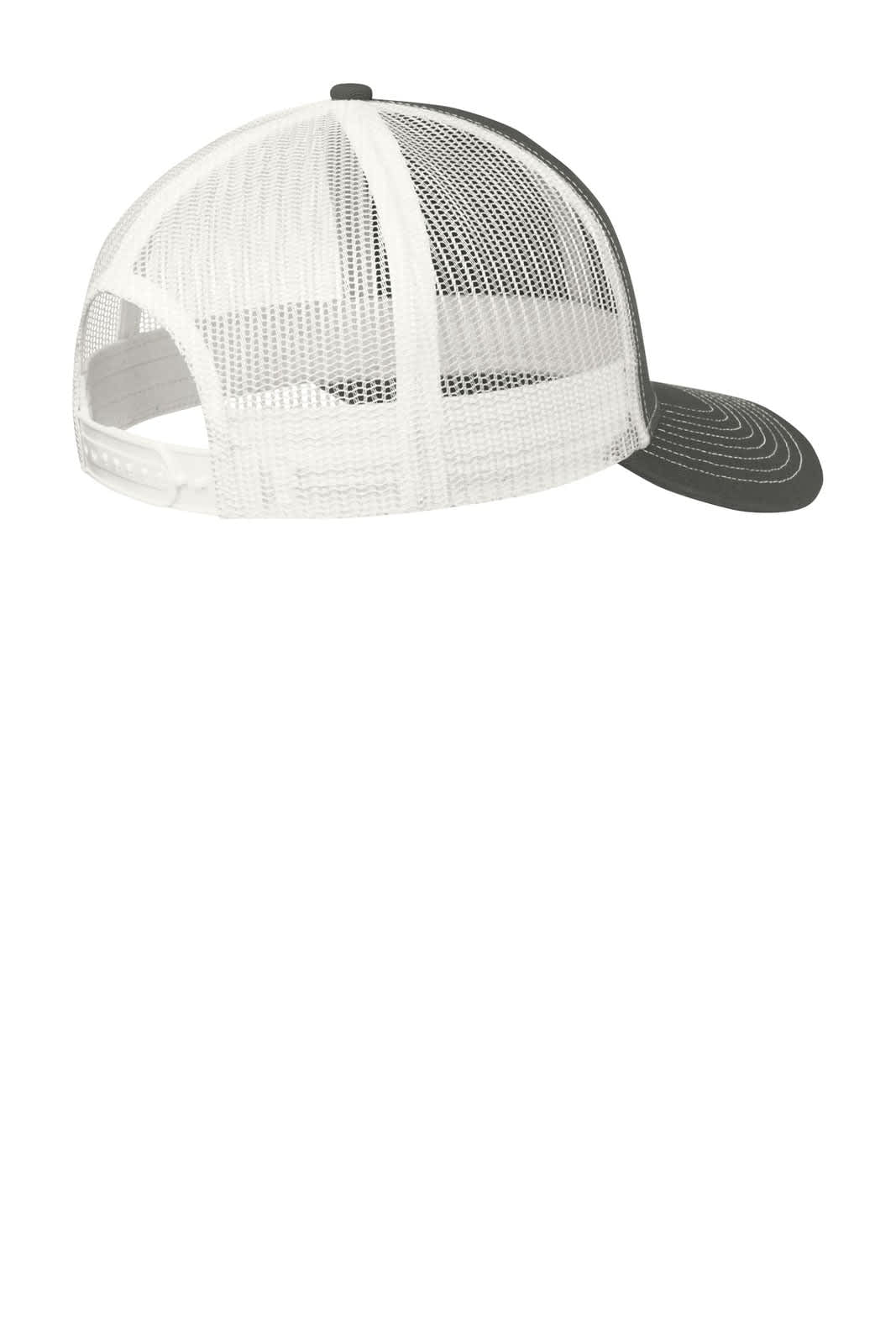 A grey and white snapback trucker cap with a mesh back and a curved peak, featuring a logo on the front.
