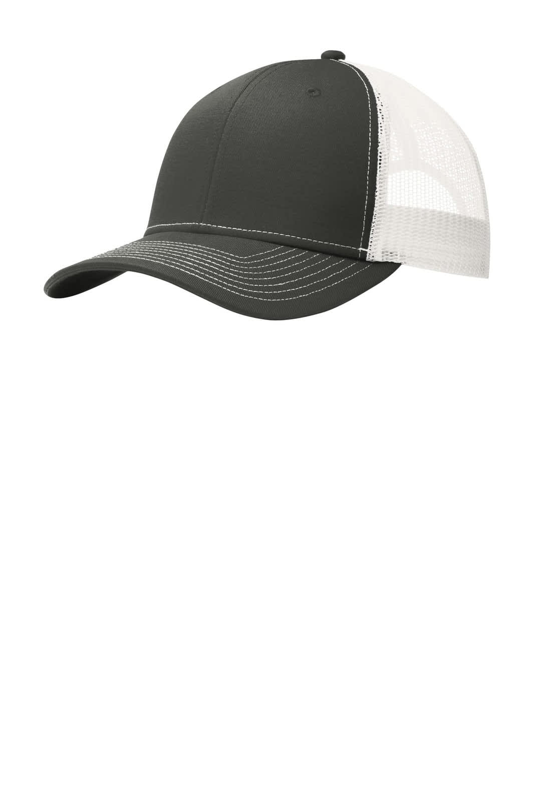 A snapback trucker cap in dark grey with a white mesh back and contrasting white stitching.