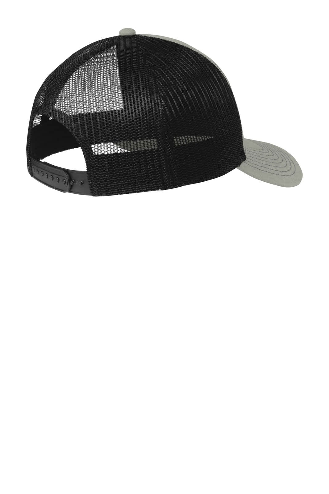 A black and grey Port Authority Snapback Trucker Cap, featuring a mesh back and an adjustable strap.