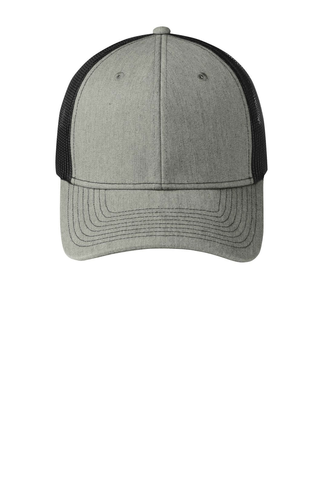 A grey trucker cap with a mesh back and a curved brim, featuring a logo on the front.