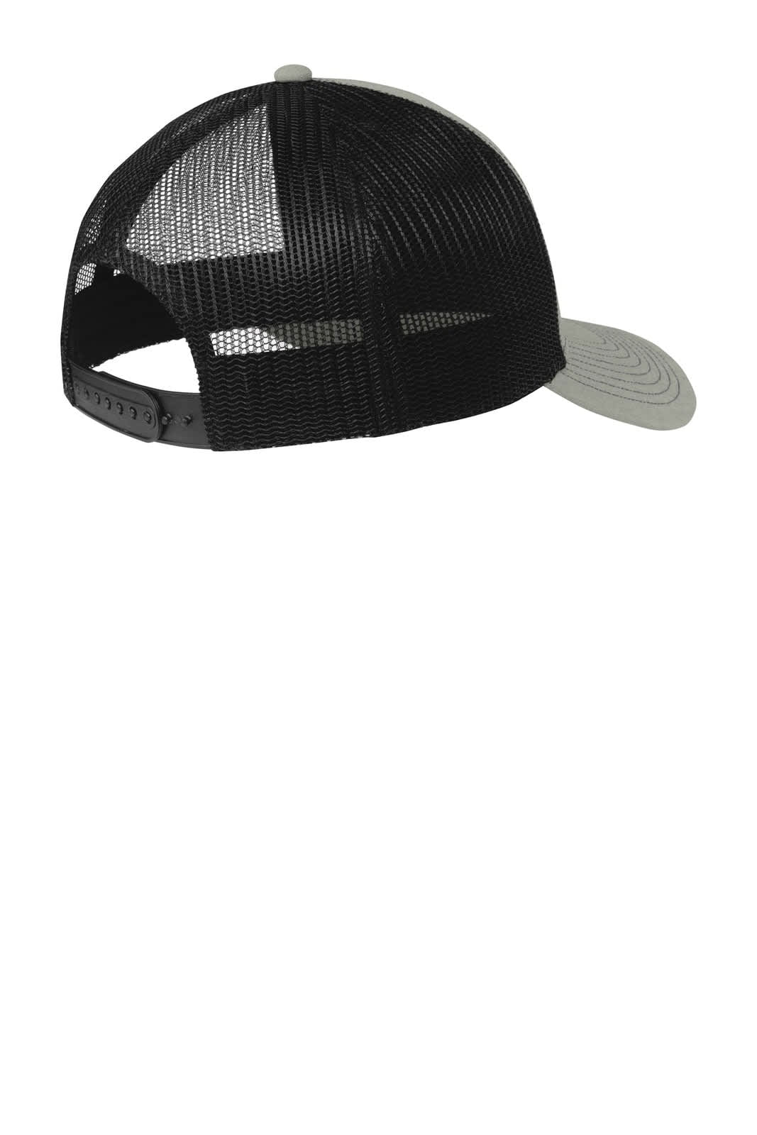 A black and grey Port Authority Snapback Trucker Cap featuring a mesh back and an adjustable strap.