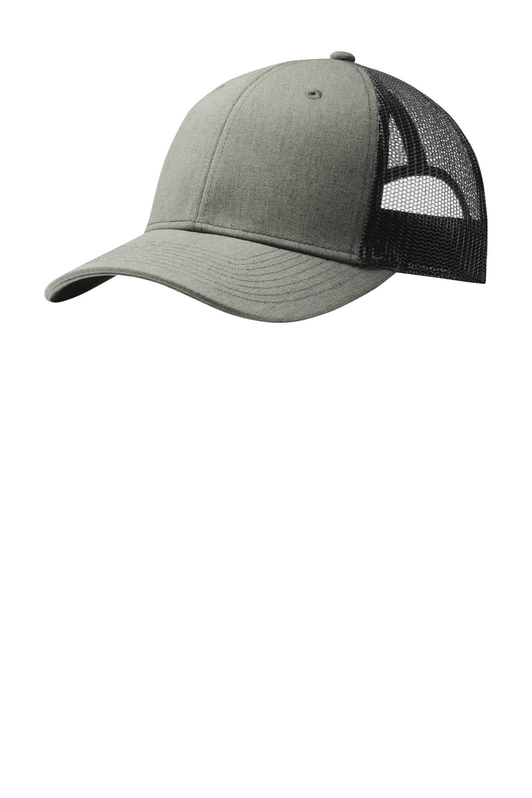 A grey Port Authority Snapback Trucker Cap with a mesh back and a structured fit. It features a branding logo.