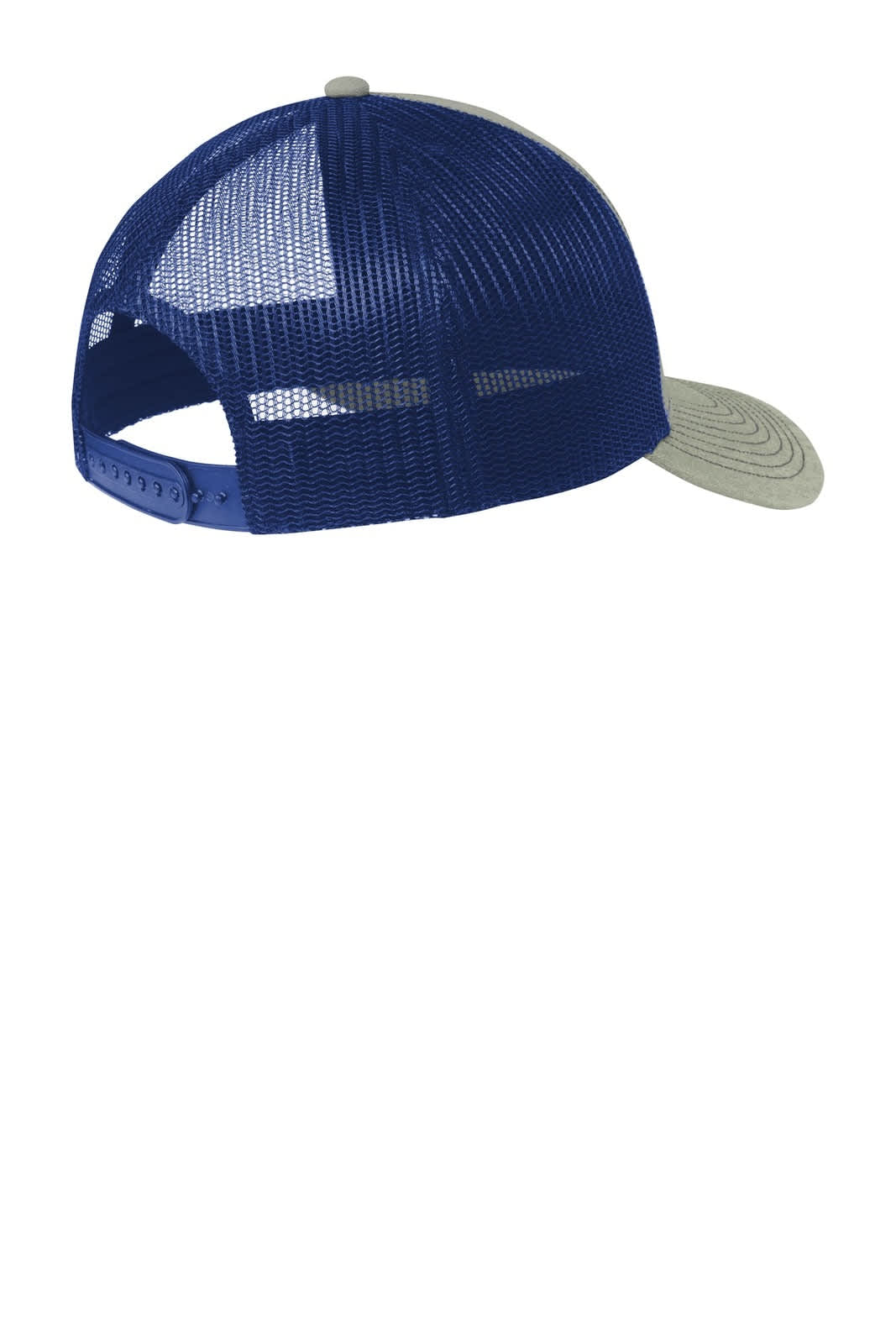 A blue and grey Port Authority Snapback Trucker Cap featuring a mesh back and a curved brim.