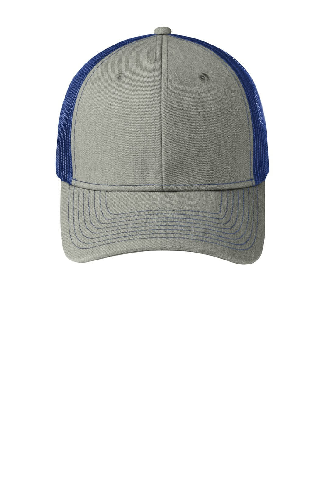 A grey trucker cap with blue mesh panels and a logo on the front.
