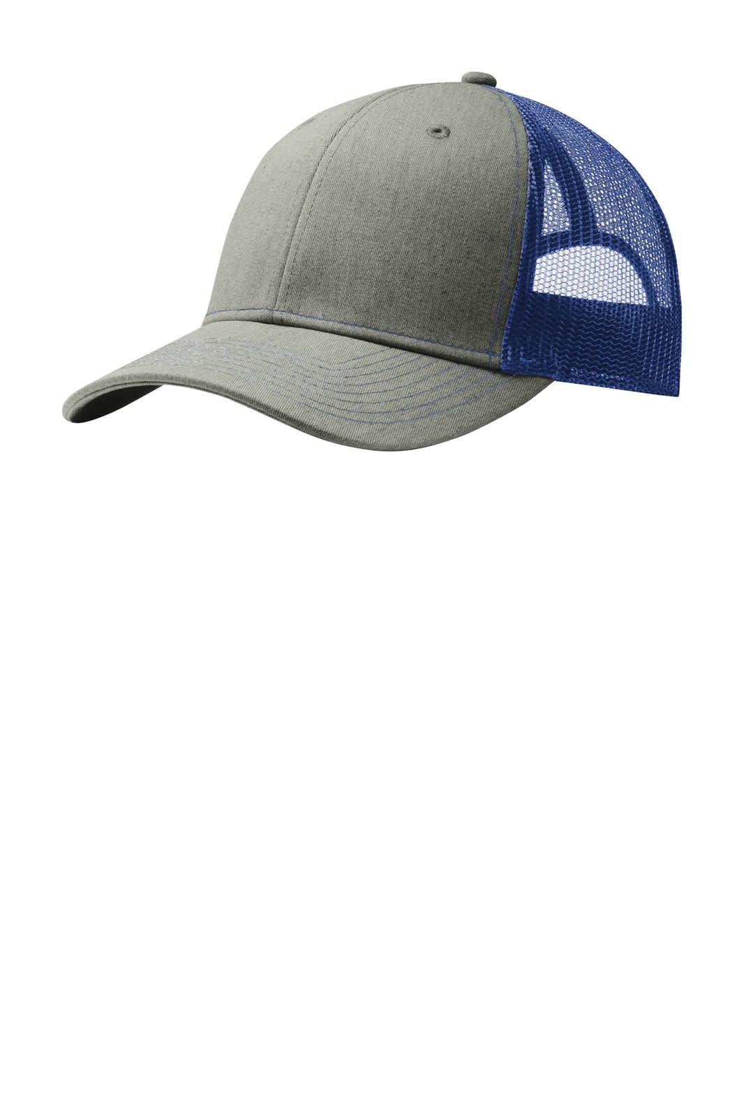 A grey trucker cap with a blue mesh back and a branded logo on the side.