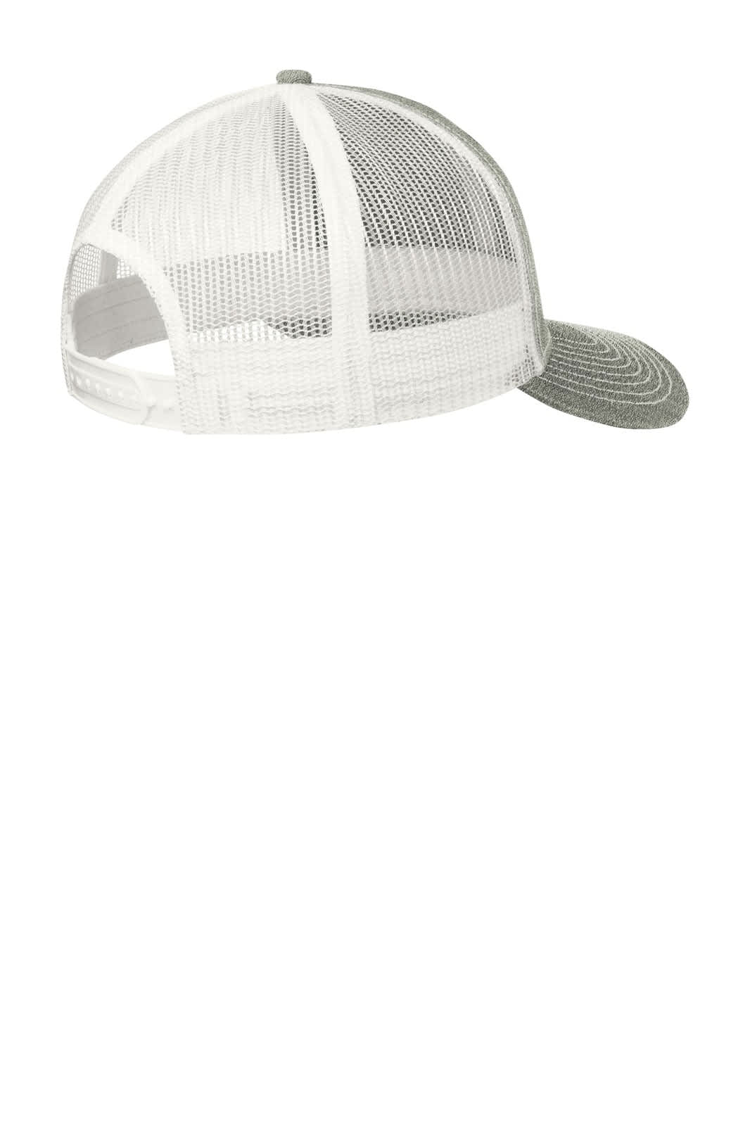 A grey and white Port Authority Snapback Trucker Cap featuring mesh panels and a rounded brim.