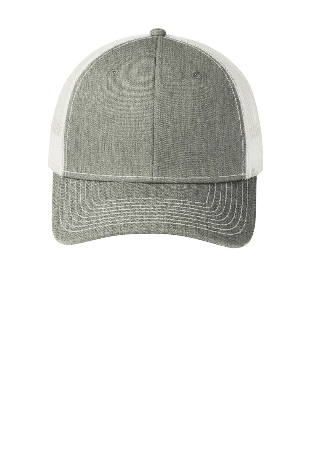 A grey snapback trucker cap with a textured front and mesh rear panels, featuring a logo.