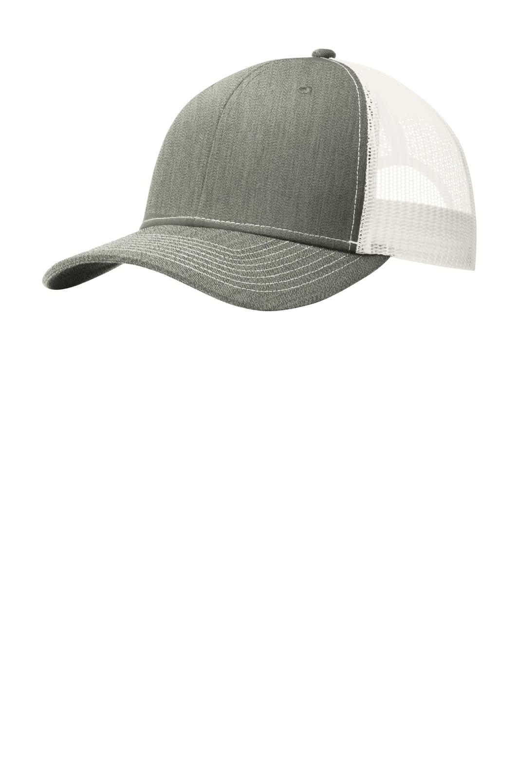 A grey snapback trucker cap with a mesh back and a logo on the front.