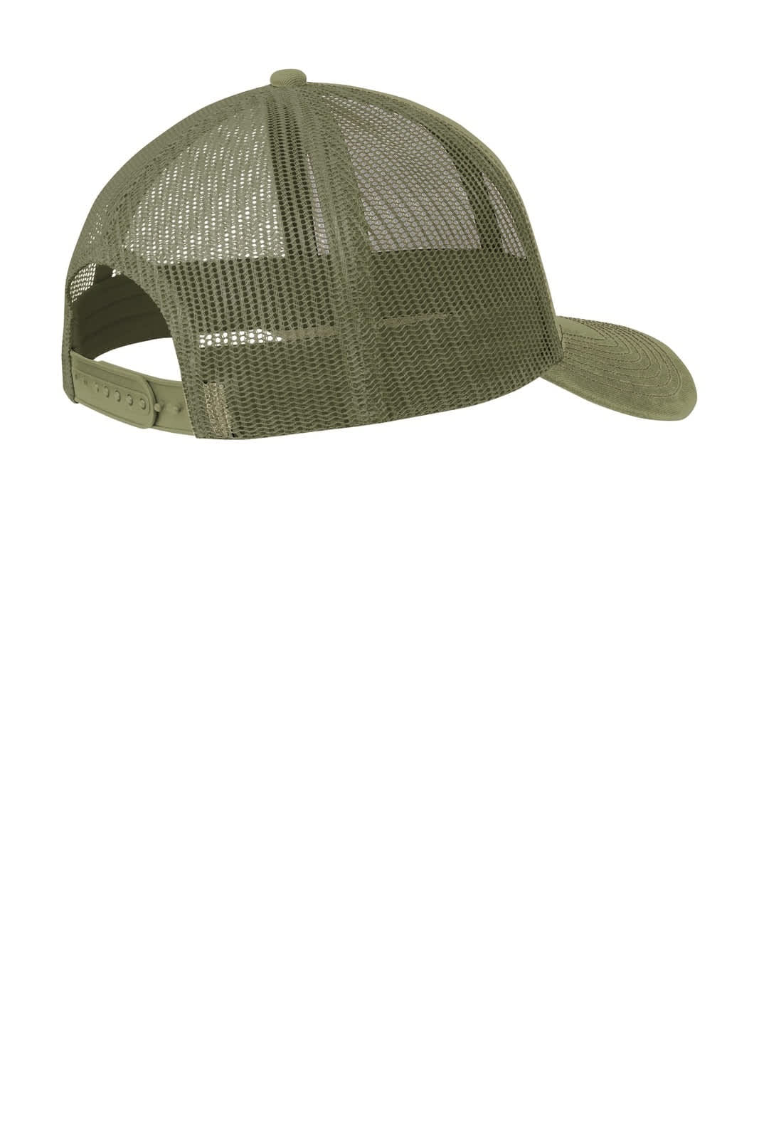 An olive green snapback trucker cap featuring a mesh back and adjustable strap.