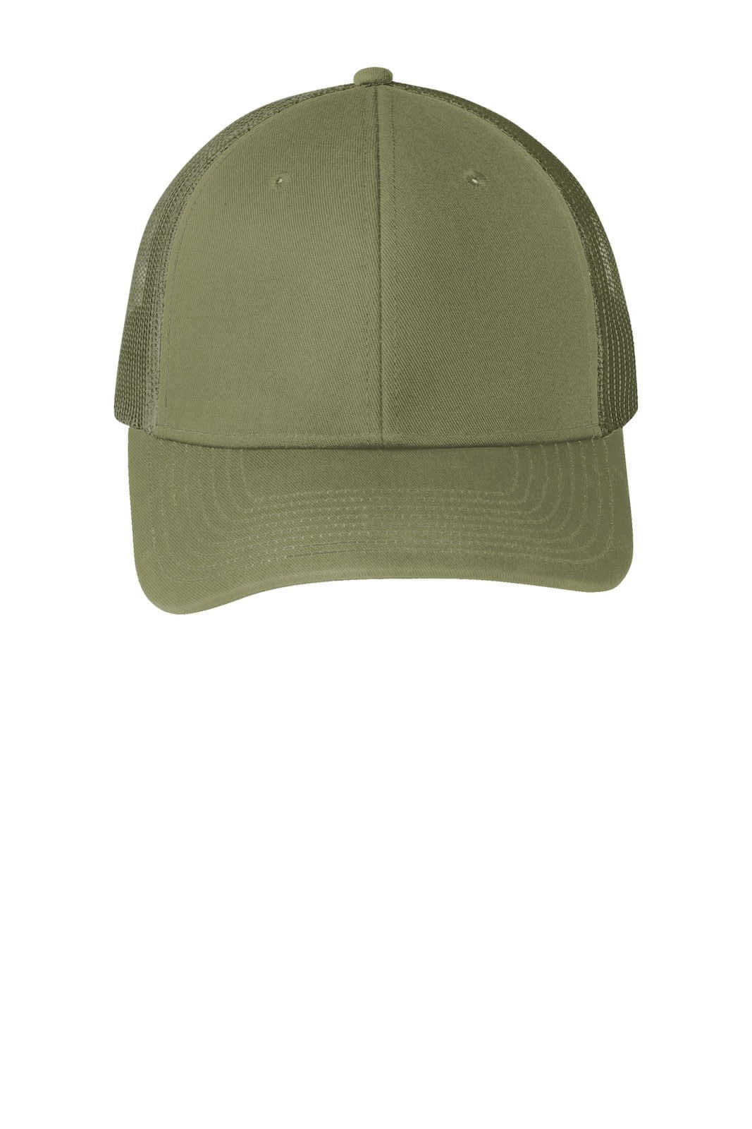 A green trucker cap with a structured front and mesh back, featuring a logo on the front panel.