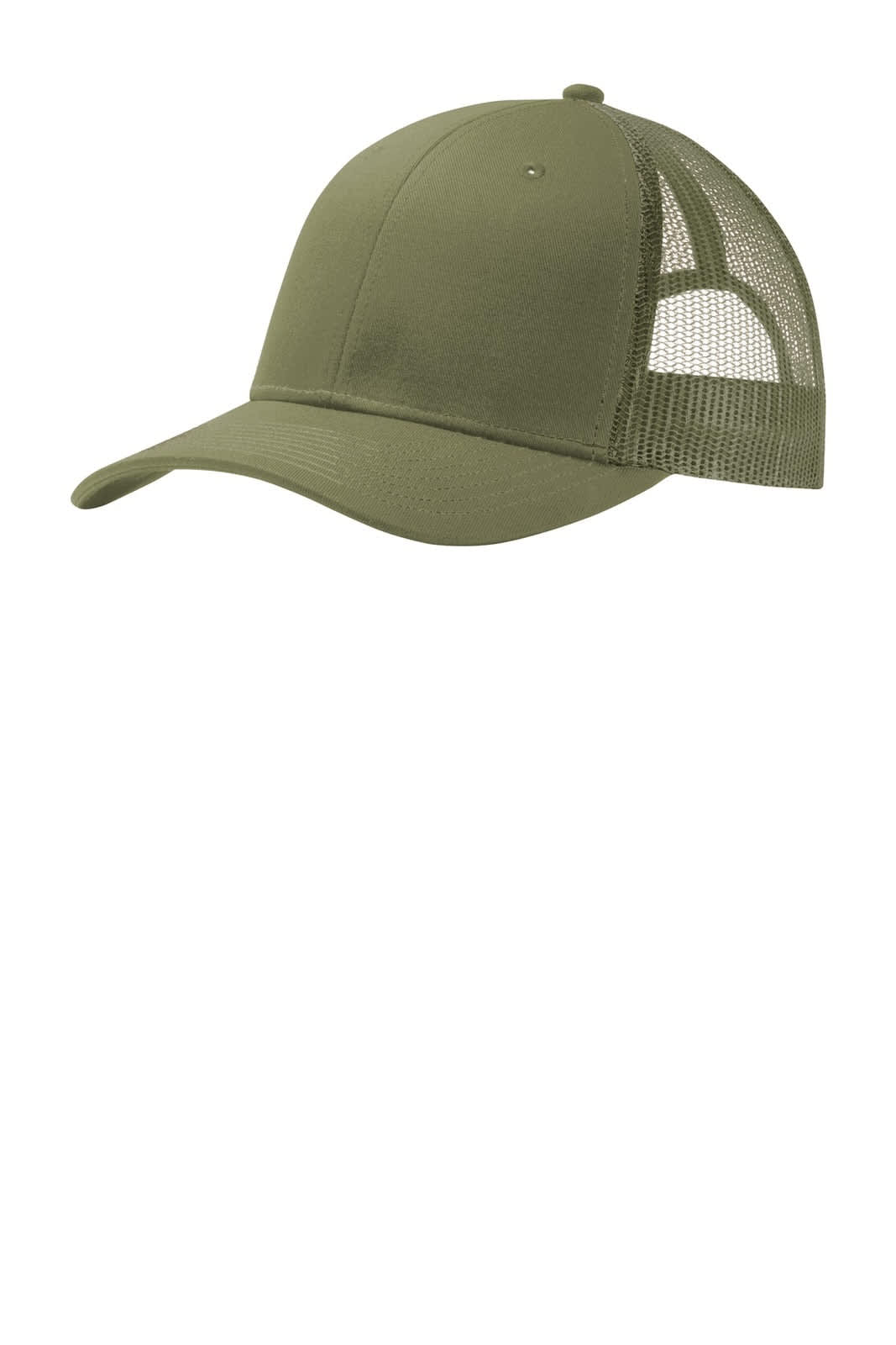 A green snapback trucker cap with a mesh back and a rounded brim, featuring a logo on the front.