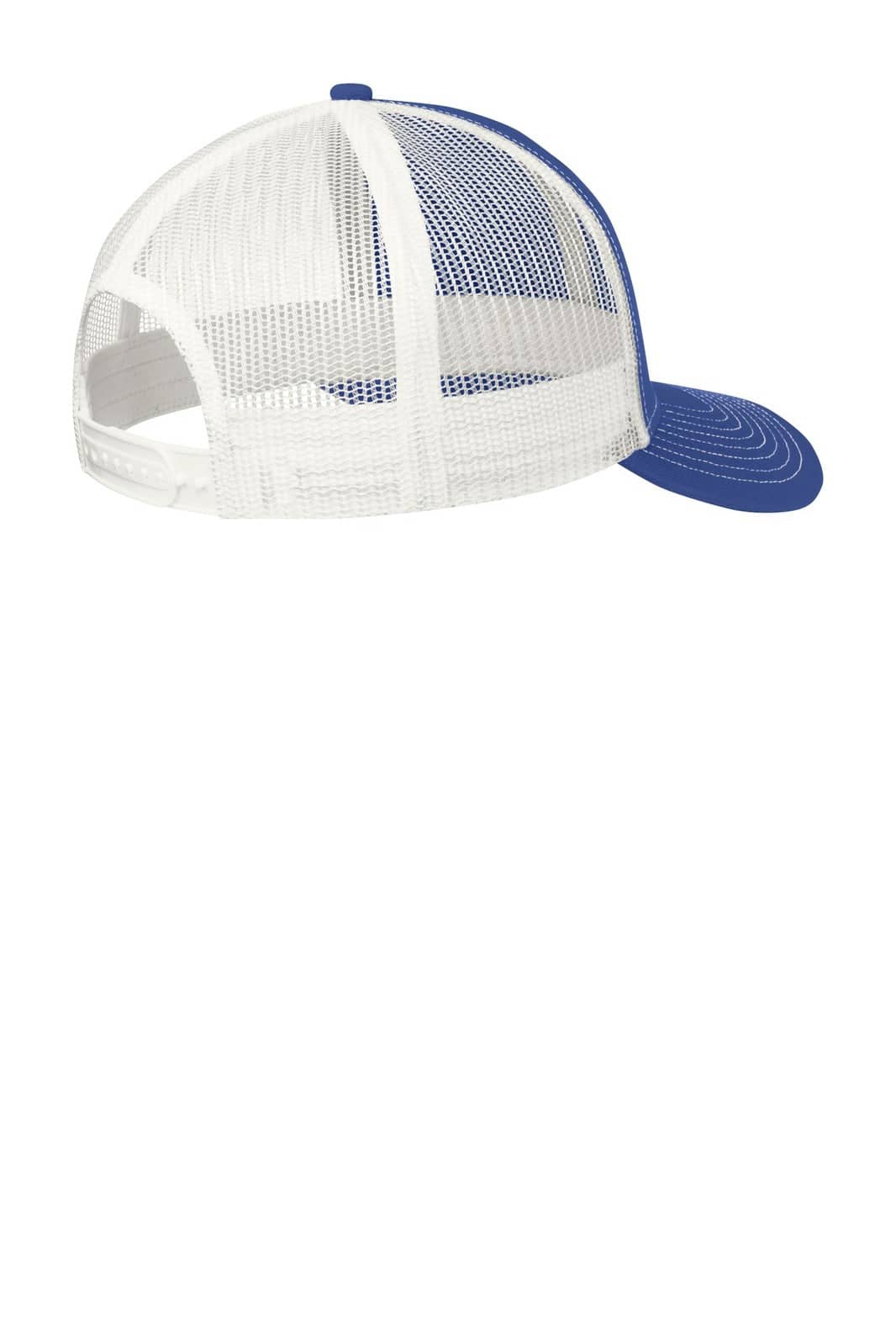 A blue and white trucker cap featuring a mesh back and a curved visor, with a logo on the front.