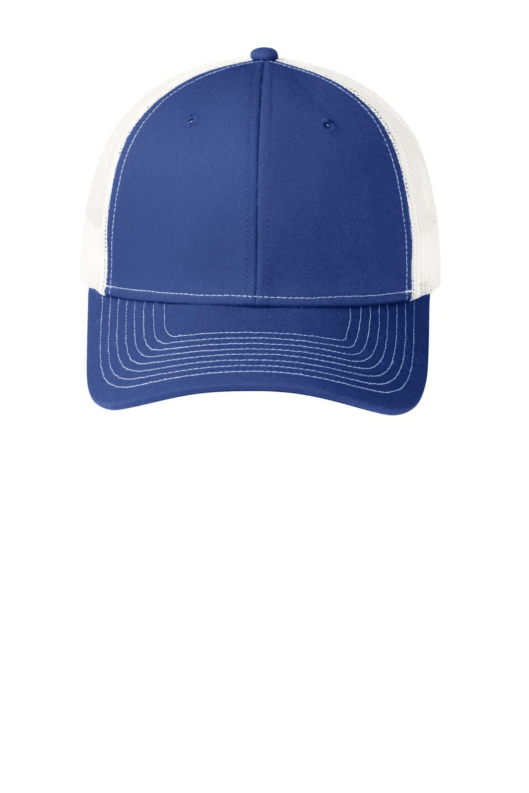 A blue snapback trucker cap with a white mesh back. Features a stitched brim and a logo on the front.