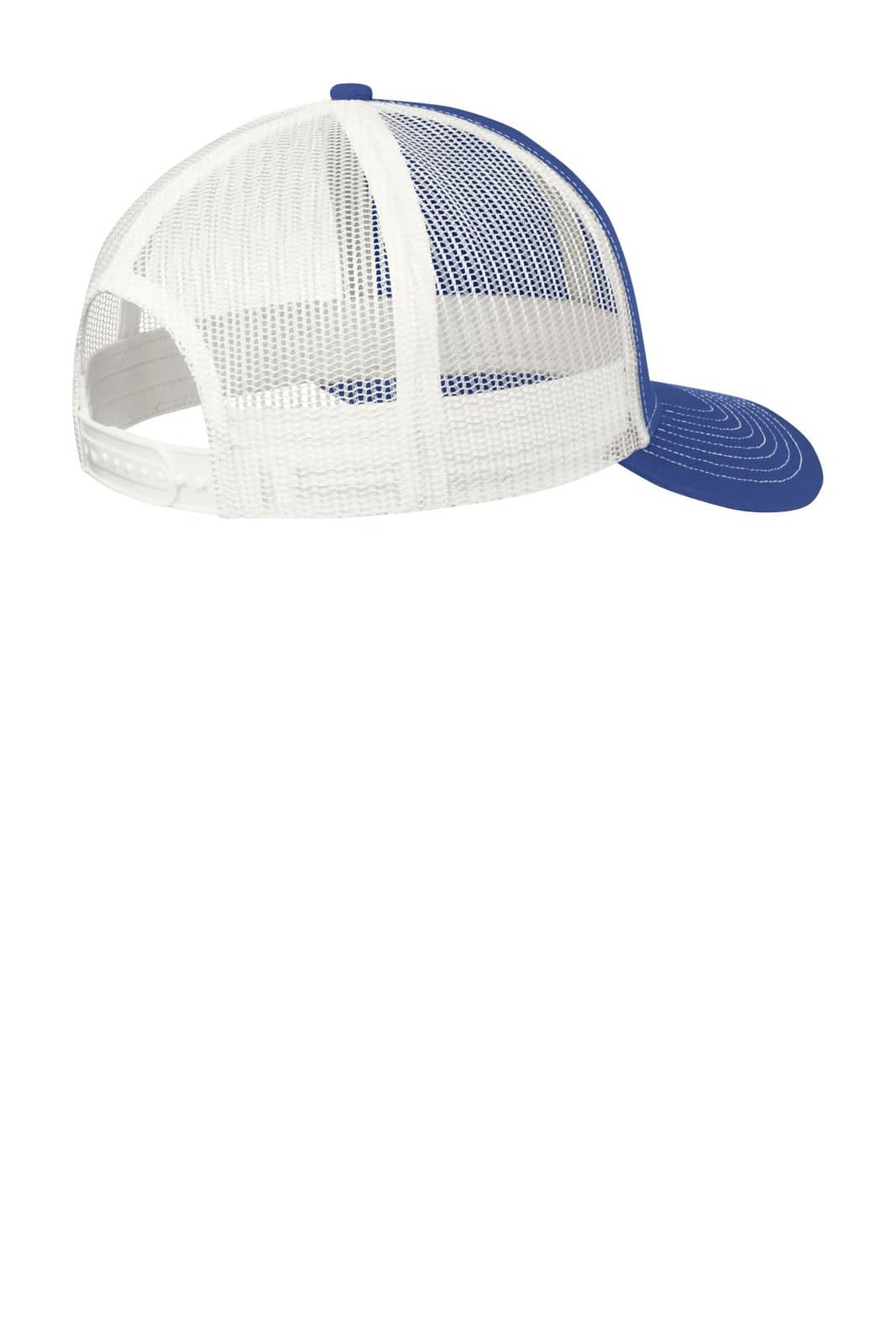 A blue and white trucker cap with a mesh back and a curved peak, featuring a logo on the front.