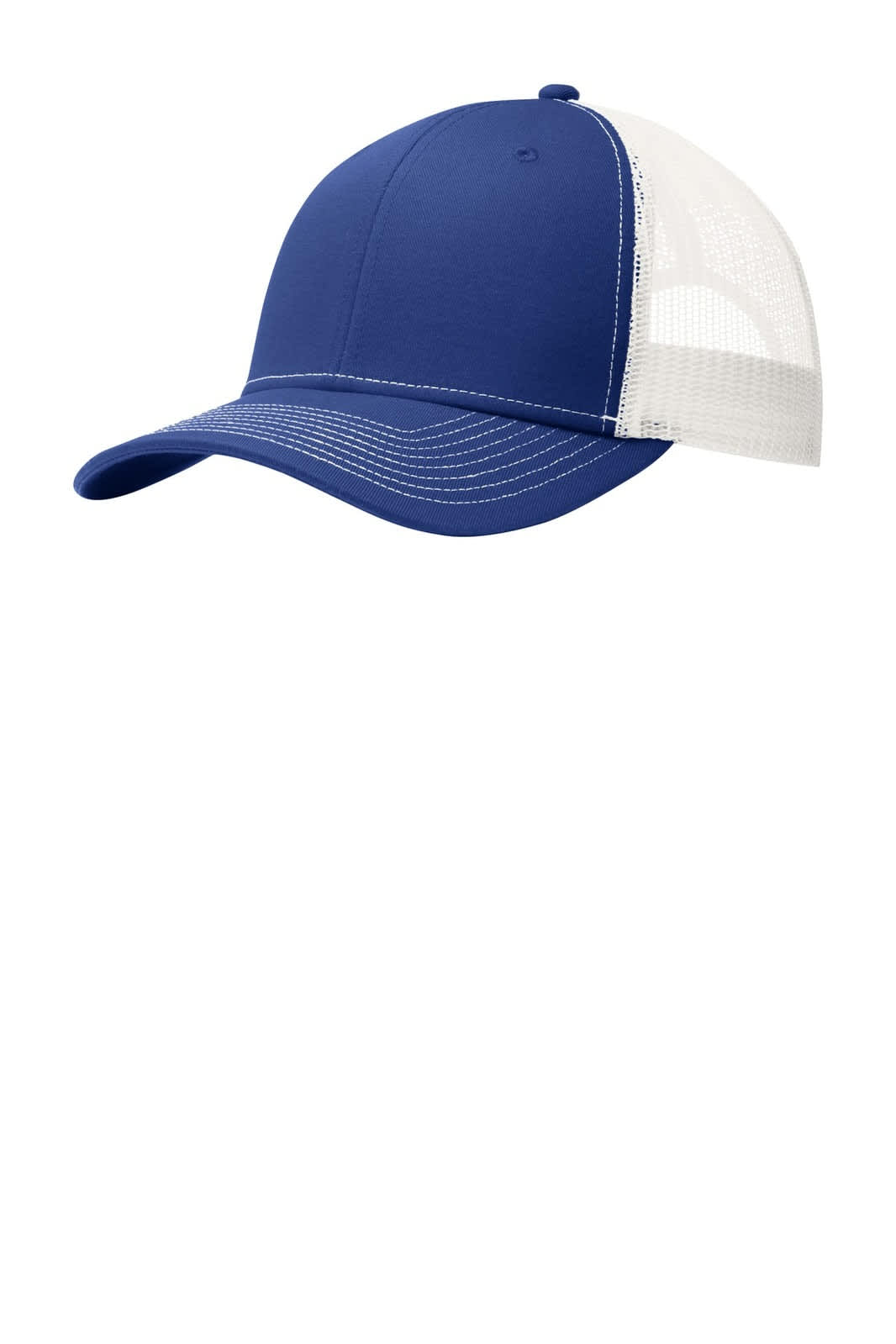 A blue snapback trucker cap with a white mesh back and a curved brim, featuring a logo on the front.