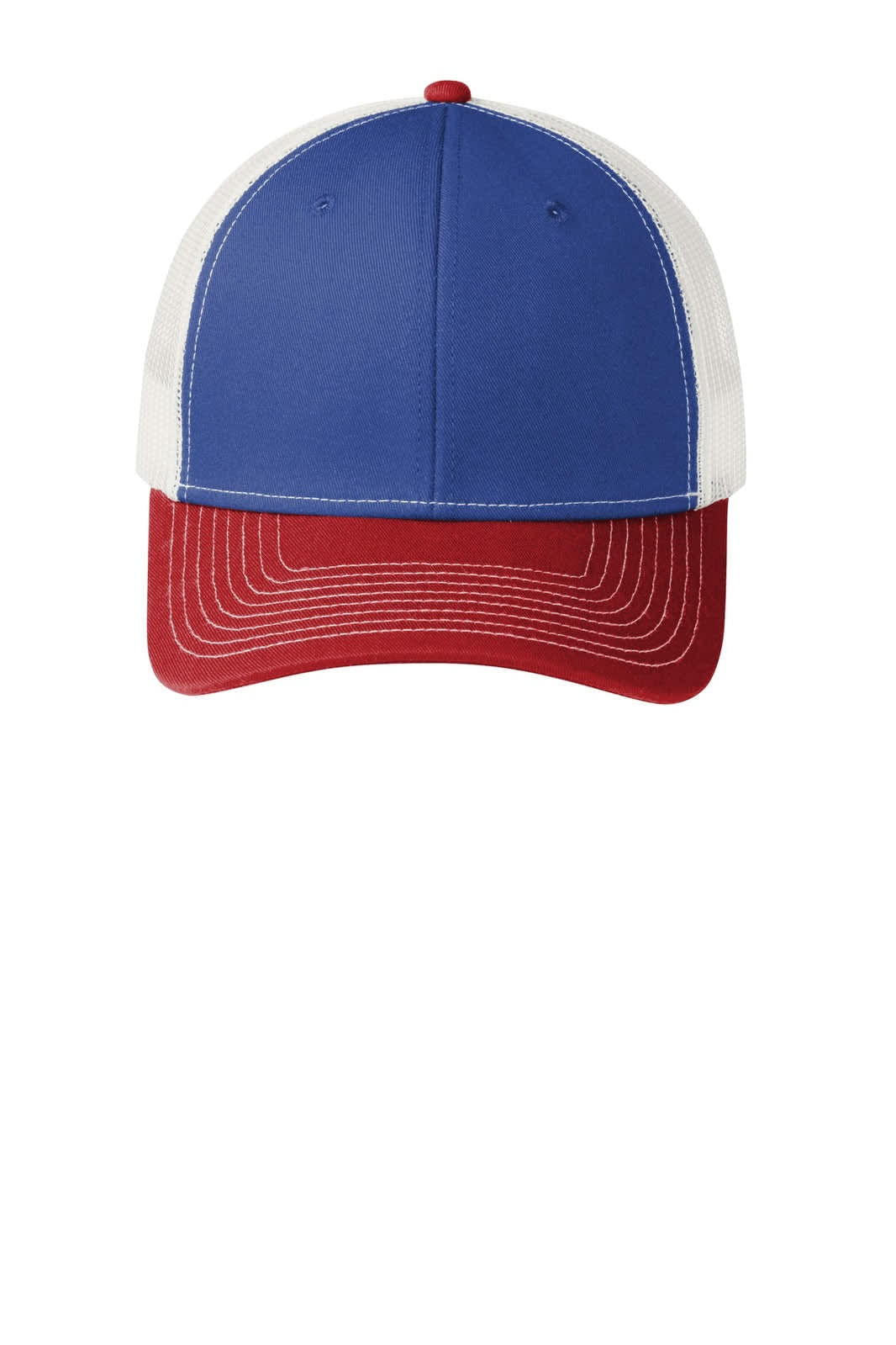 A trucker cap featuring a blue front, white mesh sides, and a red brim. Includes a logo on the front.