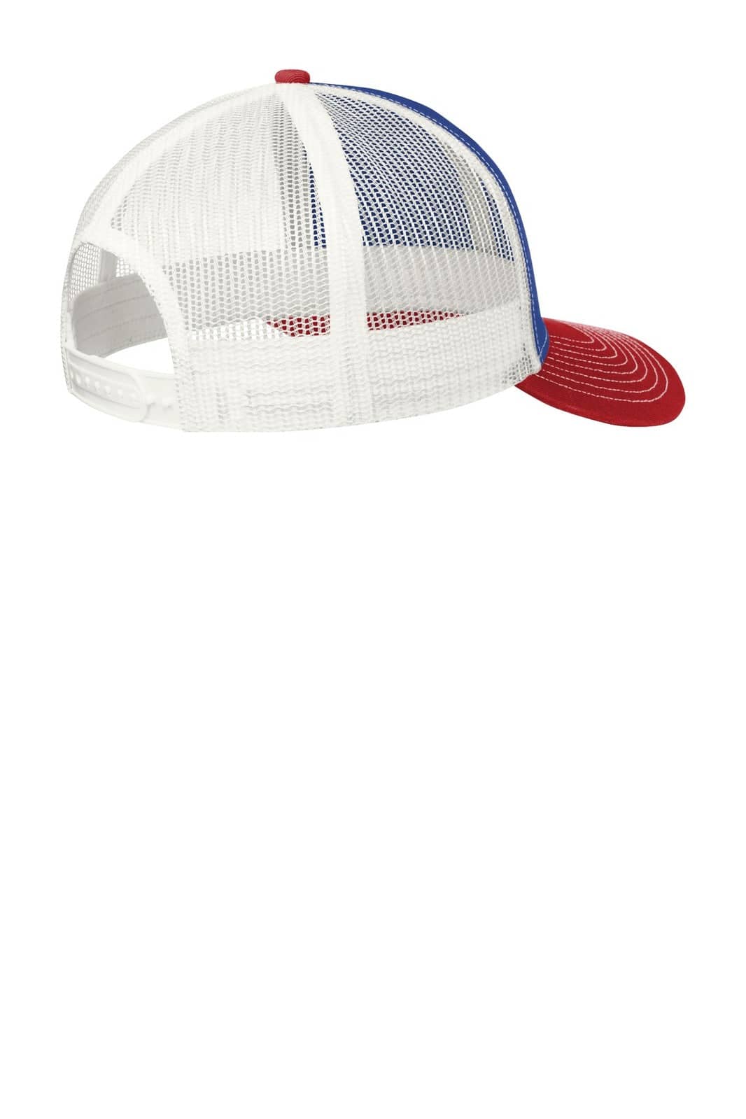 A red and white Port Authority Snapback Trucker Cap with a mesh back and a logo on the front.
