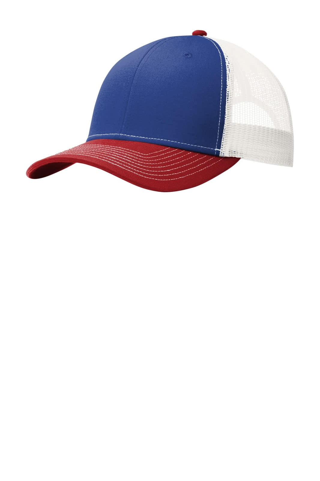 A blue and red trucker cap with a white mesh back and a curved brim, featuring a logo on the front.