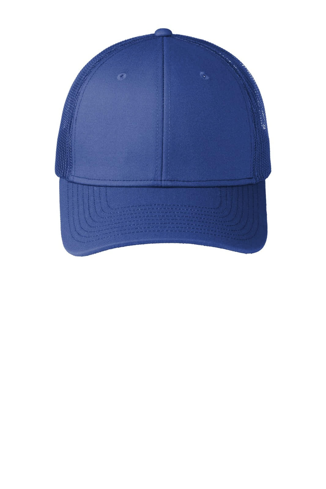A blue Port Authority Snapback Trucker Cap with mesh sides and a front panel, featuring a logo.