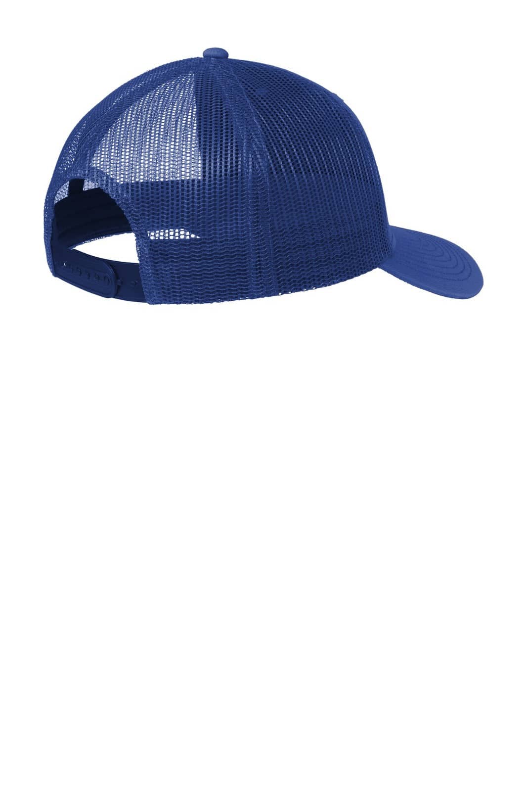 A blue snapback trucker cap featuring a solid front and mesh back, with an adjustable strap and a logo.