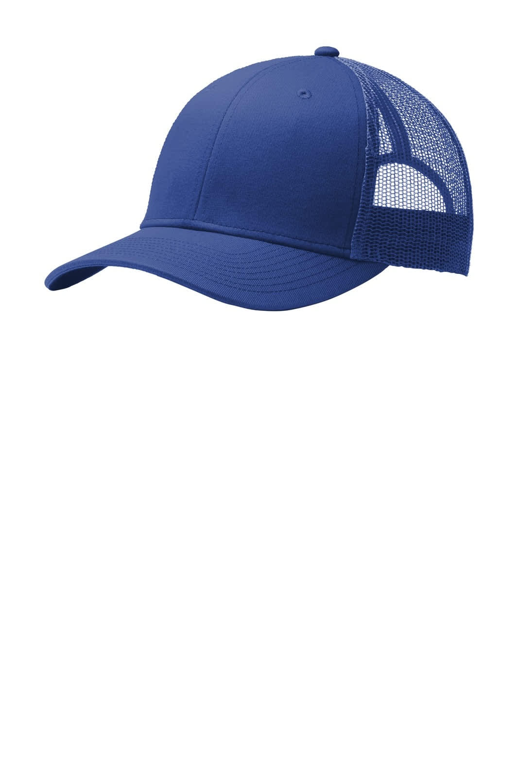 A blue snapback trucker cap featuring a solid front panel and a mesh back, complete with a logo.