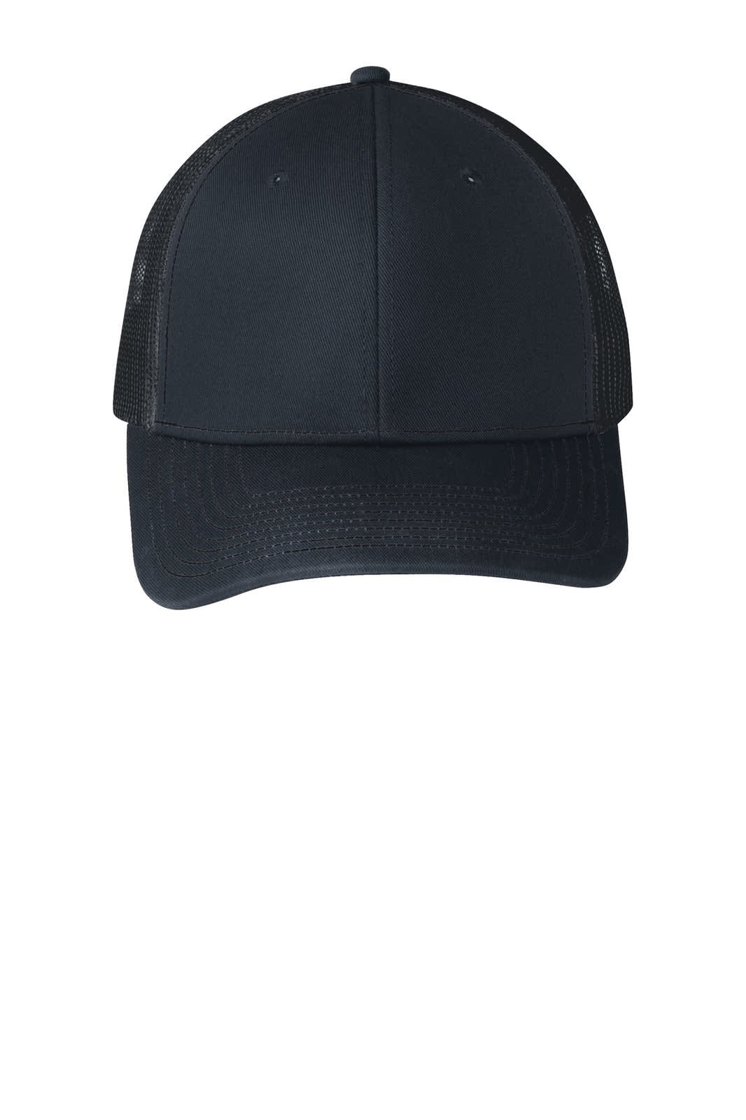 A navy blue snapback trucker cap with mesh sides and a solid front panel. It features a logo on the front.