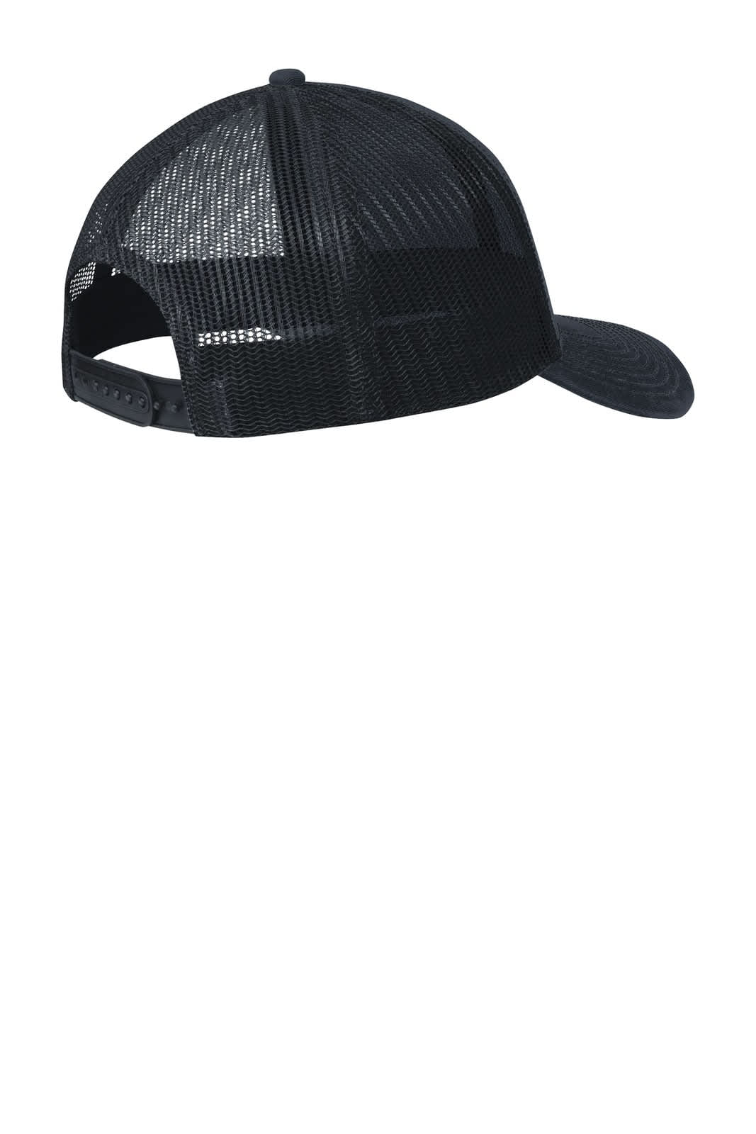 A black trucker cap with a mesh back and adjustable snap closure, featuring a logo on the front.