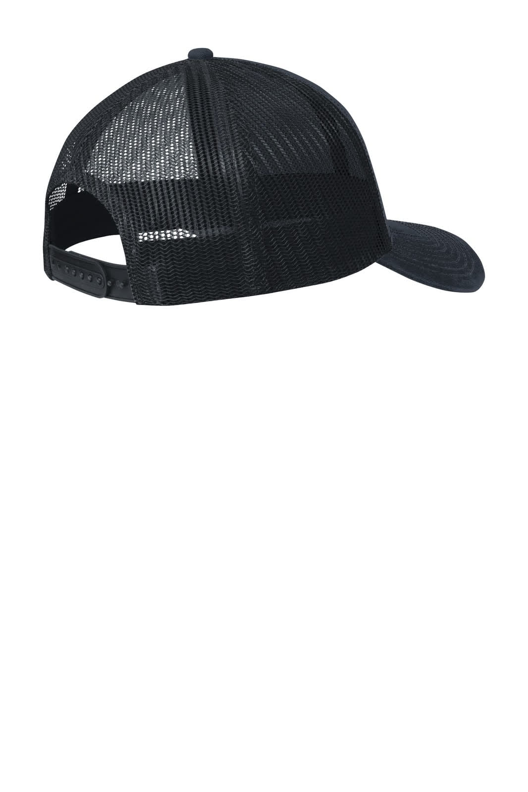 A black Port Authority Snapback Trucker Cap featuring a mesh back and adjustable strap. It includes a logo.