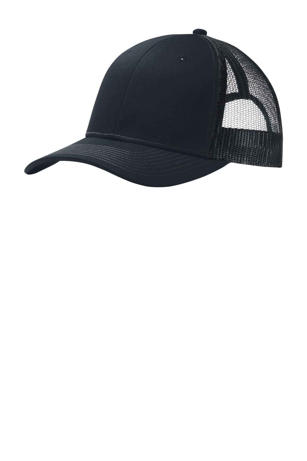 A black Port Authority snapback trucker cap featuring a mesh back and a logo on the front.