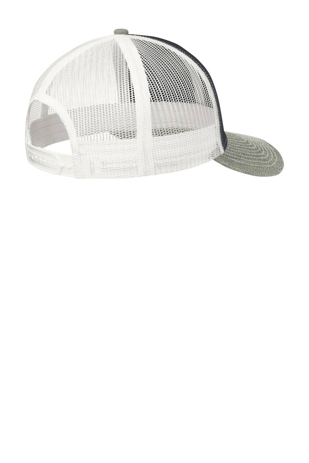 A white and grey snapback trucker cap with a mesh back and a curved visor, featuring a logo.