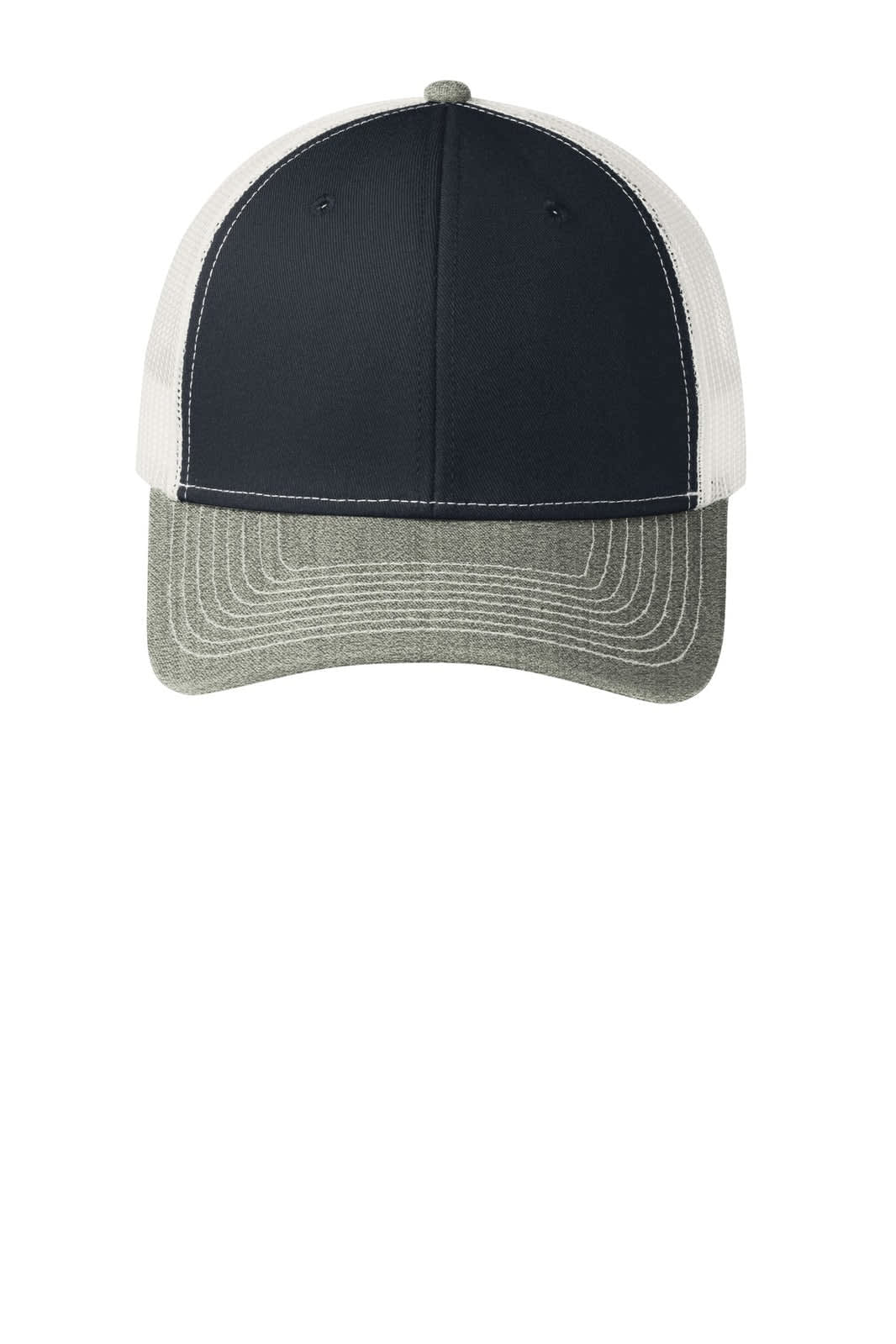 A trucker cap featuring a navy front, grey peak, and grey mesh back with a logo.
