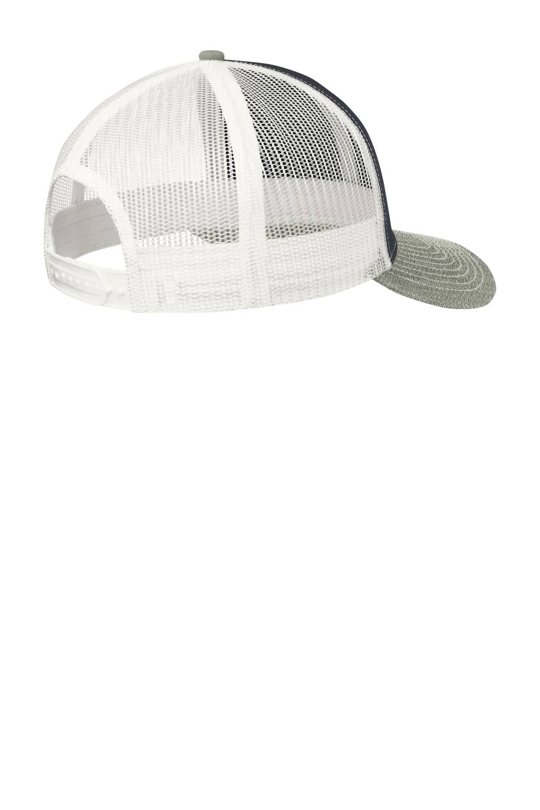 A white and grey Port Authority Snapback Trucker Cap with a mesh back and a curved brim.