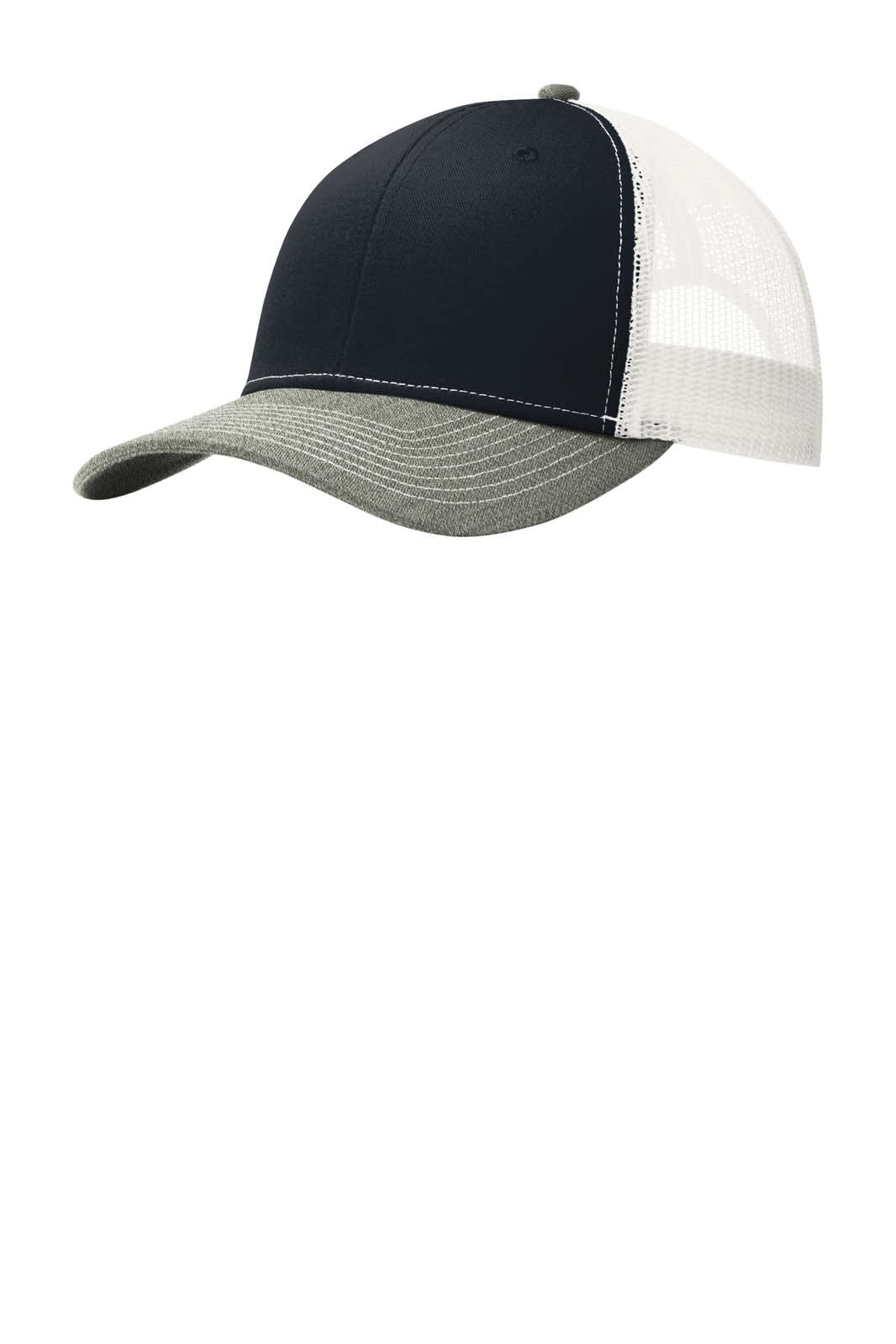 A trucker cap featuring a navy front, grey brim, and white mesh back, complete with a logo.