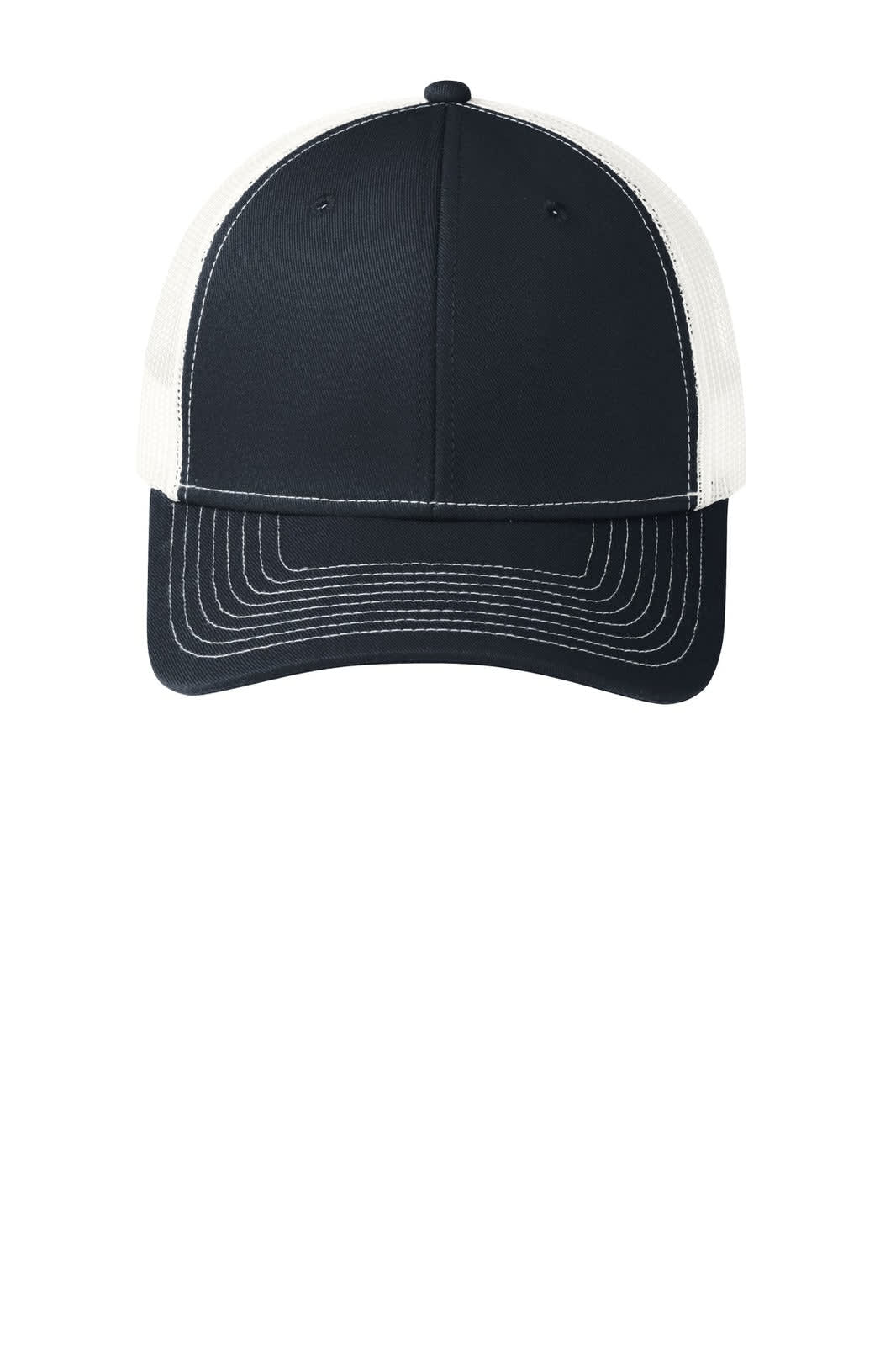 A black and white Port Authority Snapback Trucker Cap with a structured front and mesh back, featuring a logo.