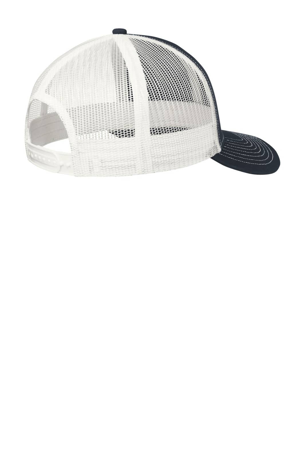 A navy and white snapback trucker cap with a mesh back and a curved brim, featuring a logo.
