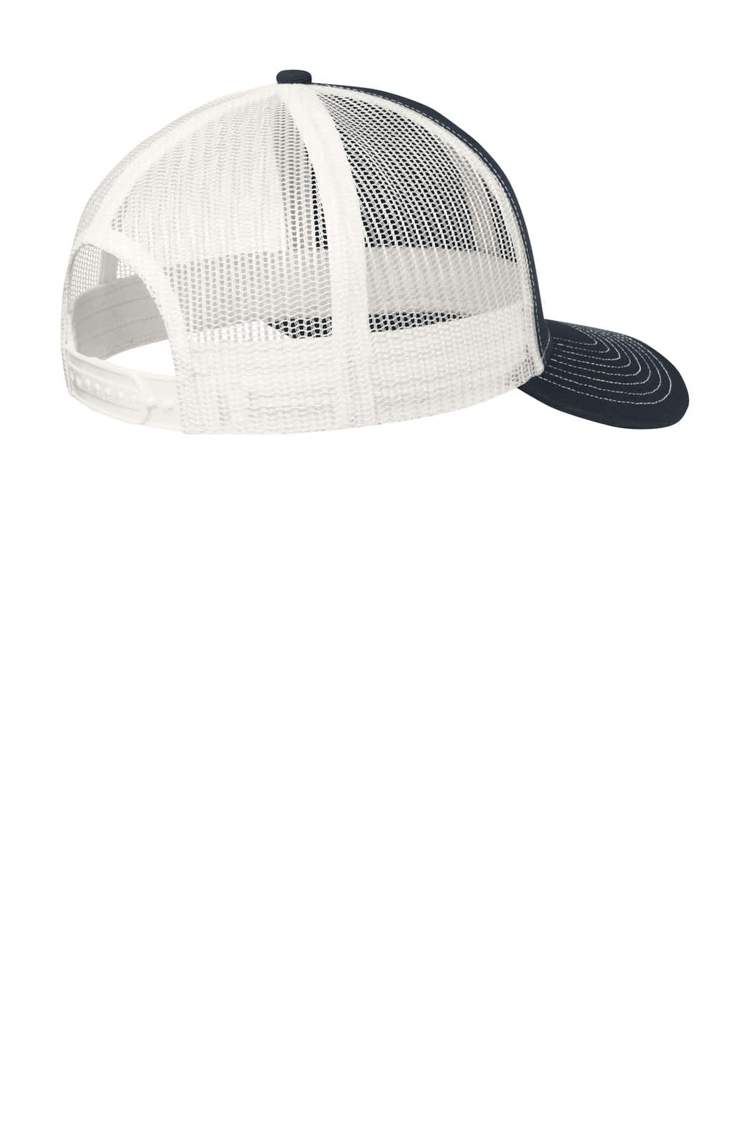 A white and navy snapback trucker cap with a mesh back and a curved visor, featuring a logo on the front.