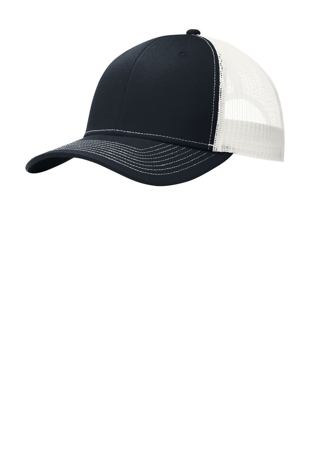 A navy blue snapback trucker cap with a white mesh back and contrasting stitching. It has a logo on the front.