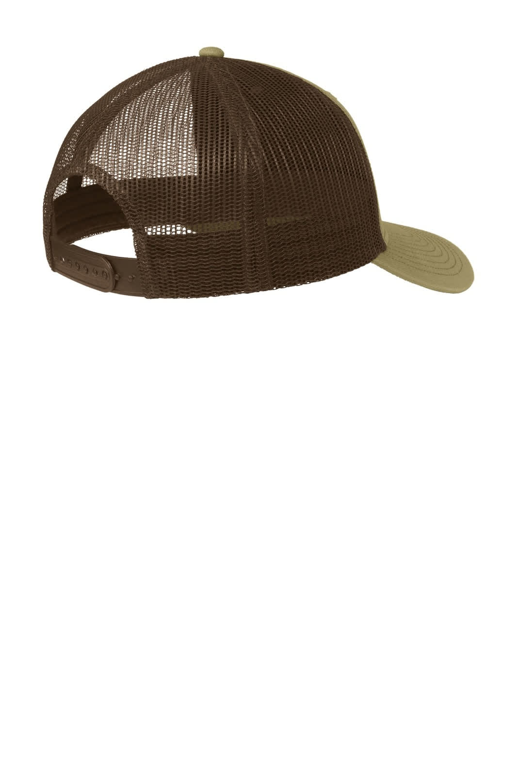 A brown and beige trucker cap featuring a mesh back and a flat brim, complete with a logo.
