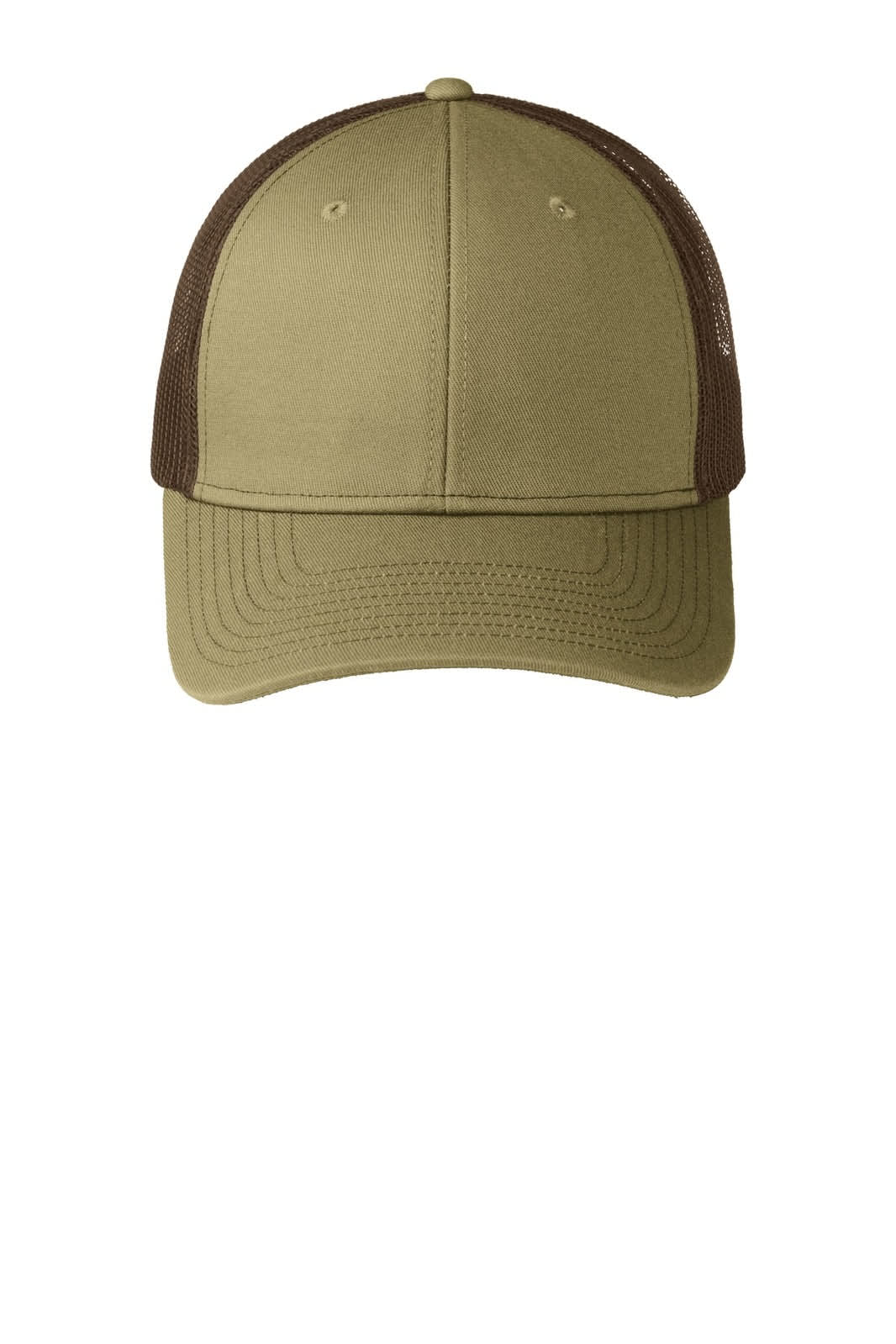 A khaki trucker cap with a brown mesh back and a curved brim. It features a branding logo on the front.