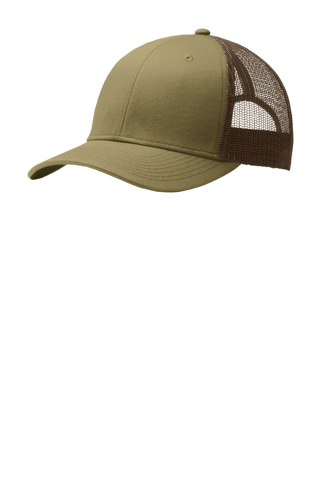 A green snapback trucker cap with a brown mesh back and a logo on the side.