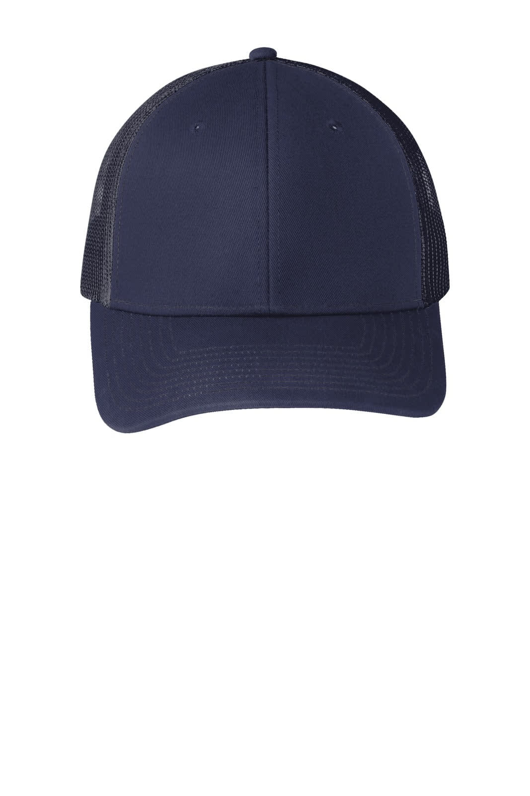 A navy blue snapback trucker cap with a solid front and mesh side panels, featuring a logo.