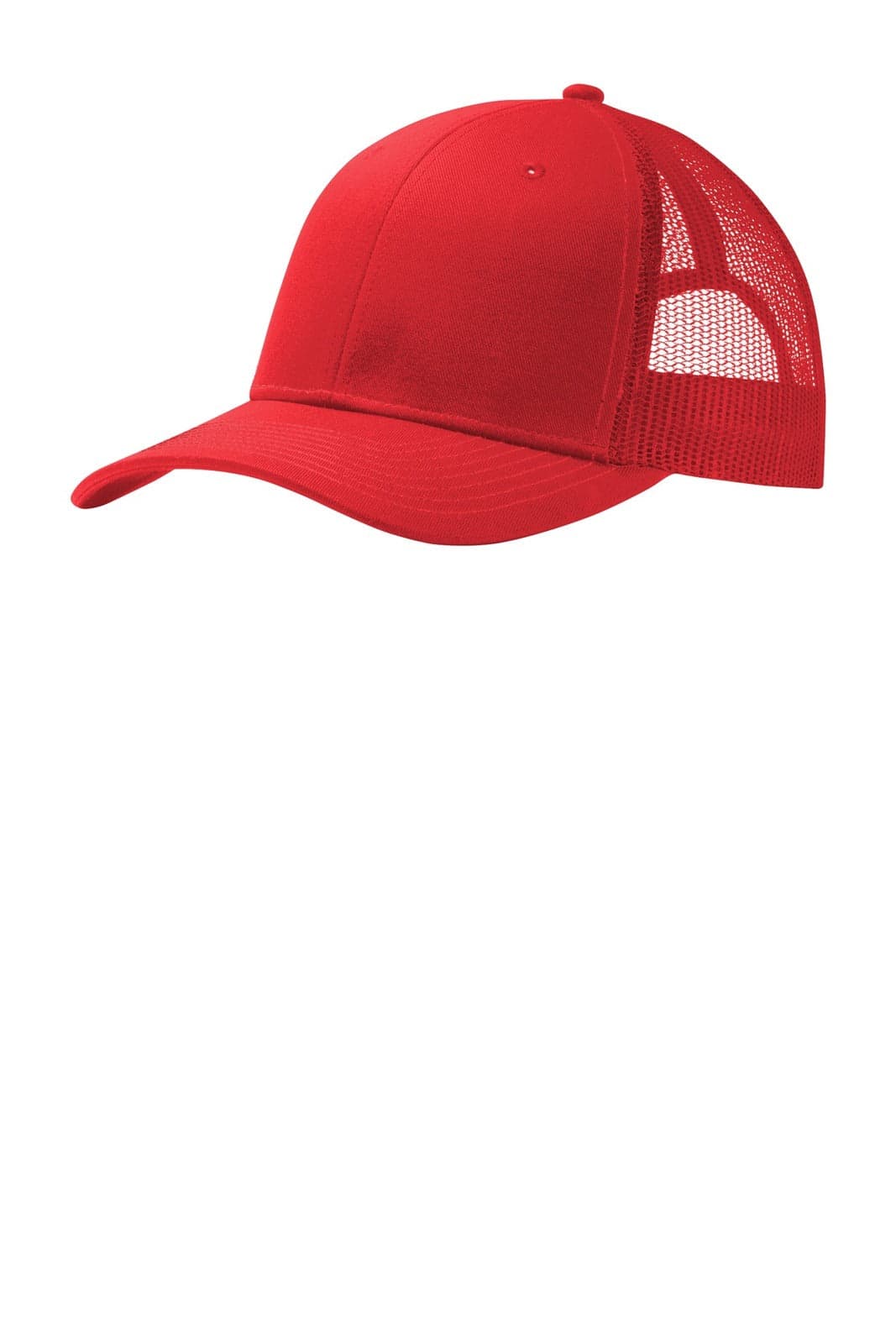 A red snapback trucker cap featuring a solid front and a mesh back with a logo.