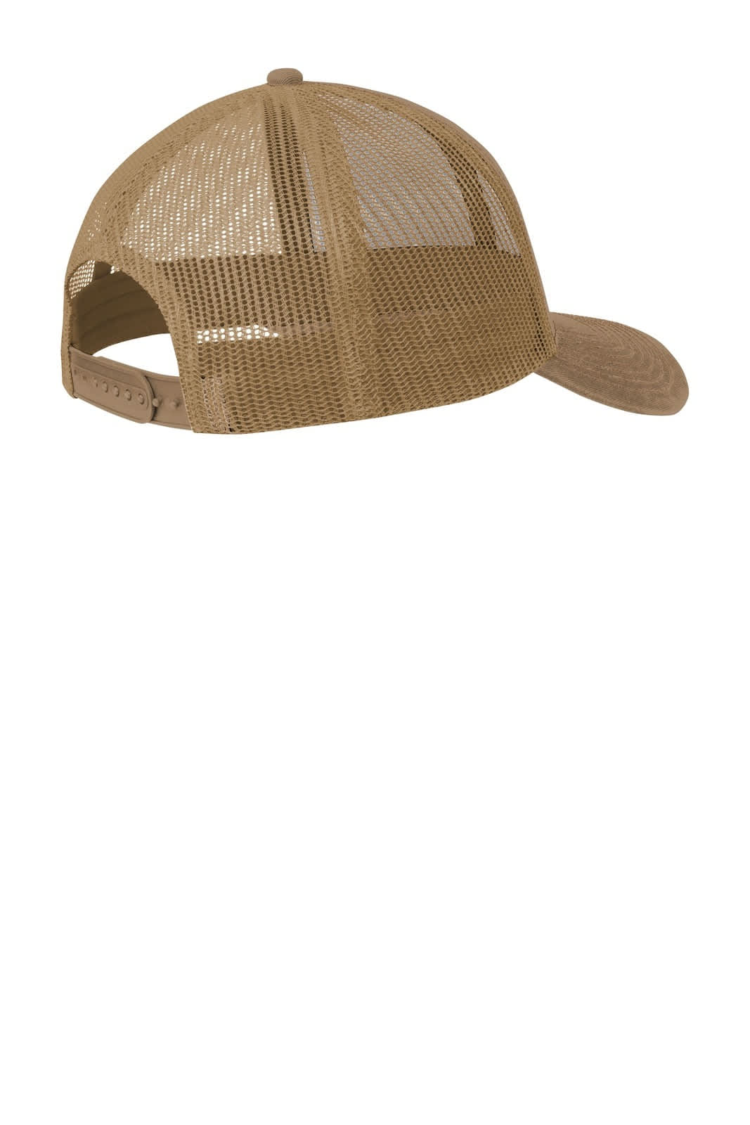 A khaki trucker cap featuring a mesh back and an adjustable strap, with a logo on the front.