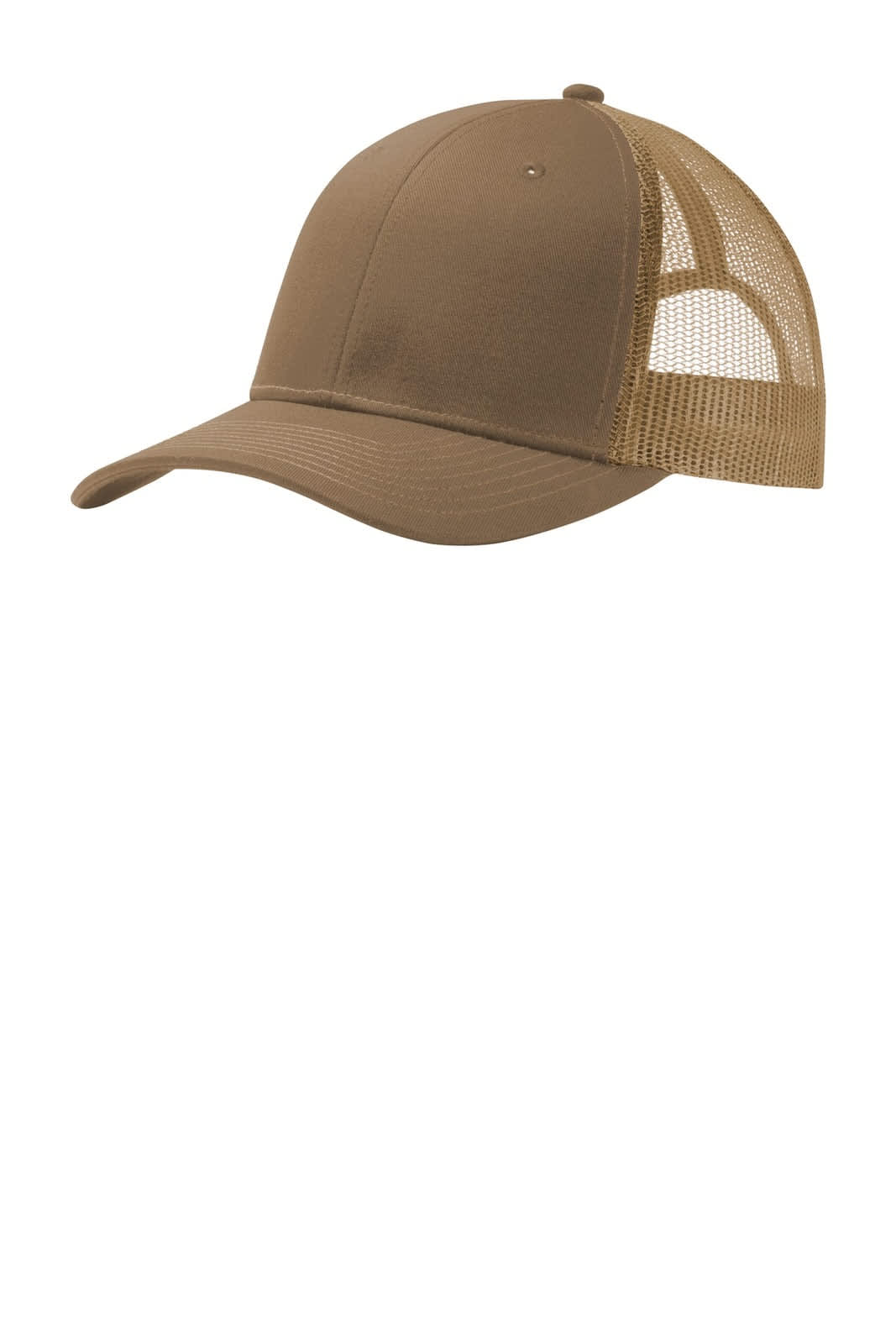 A brown snapback trucker cap featuring a solid front and mesh back, with a logo on the side.