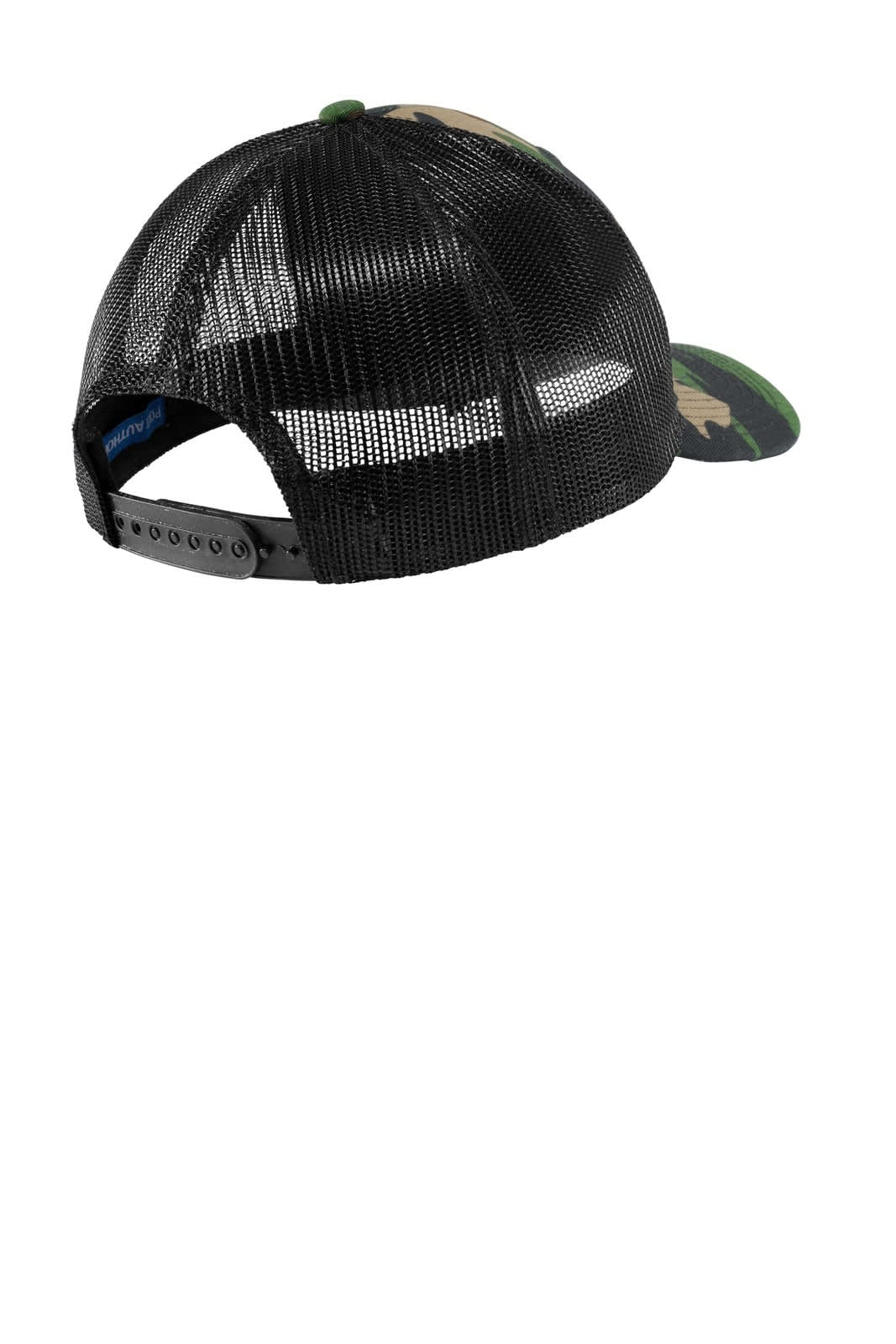 A black and camouflage snapback trucker cap featuring a mesh back and adjustable strap.